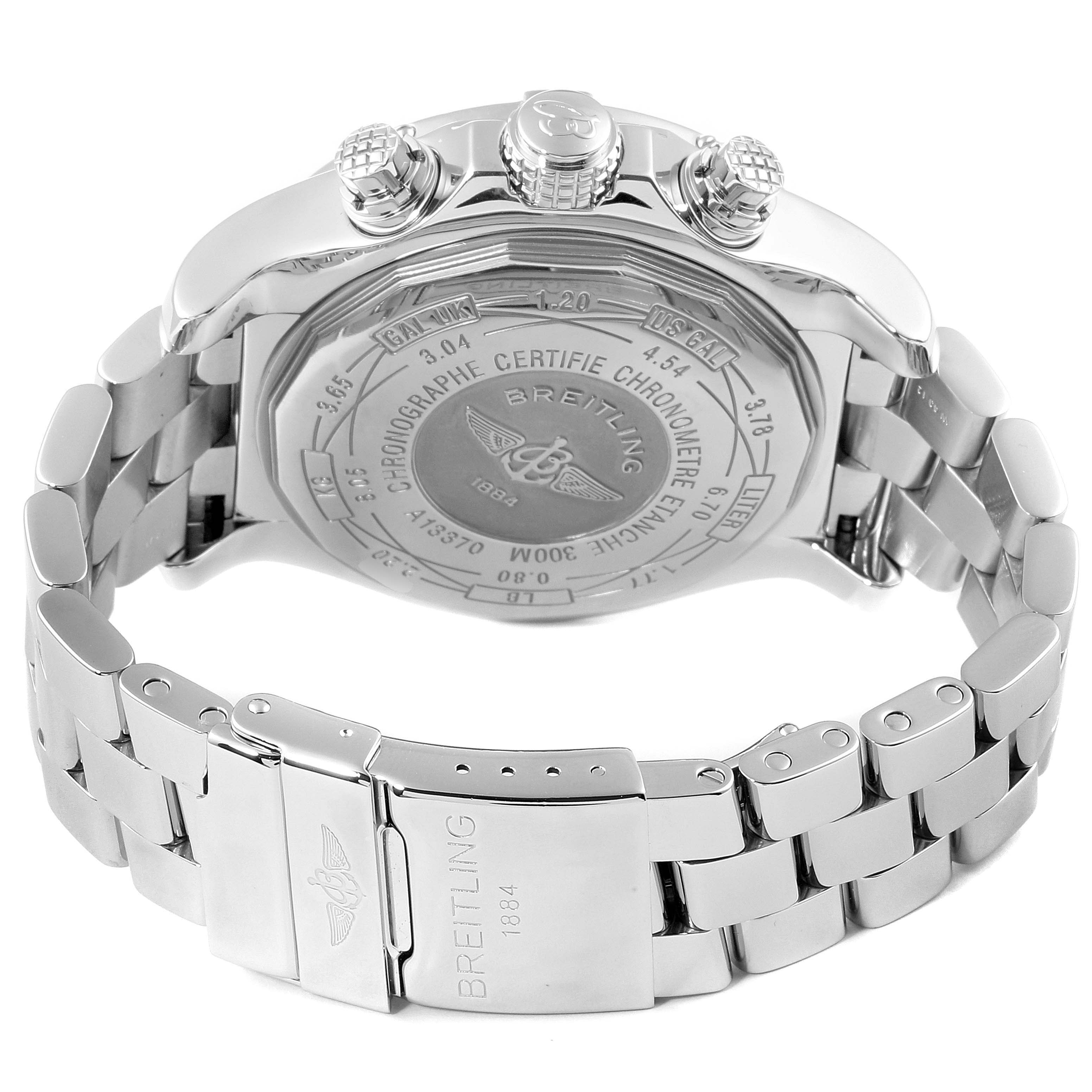 This image shows the back view of the Breitling Avenger A13370 Men
s Stainless Steel Black Dial A13370 Men
s Stainless Steel Black Dial watch, displaying the case back and metal bracelet with the clasp.