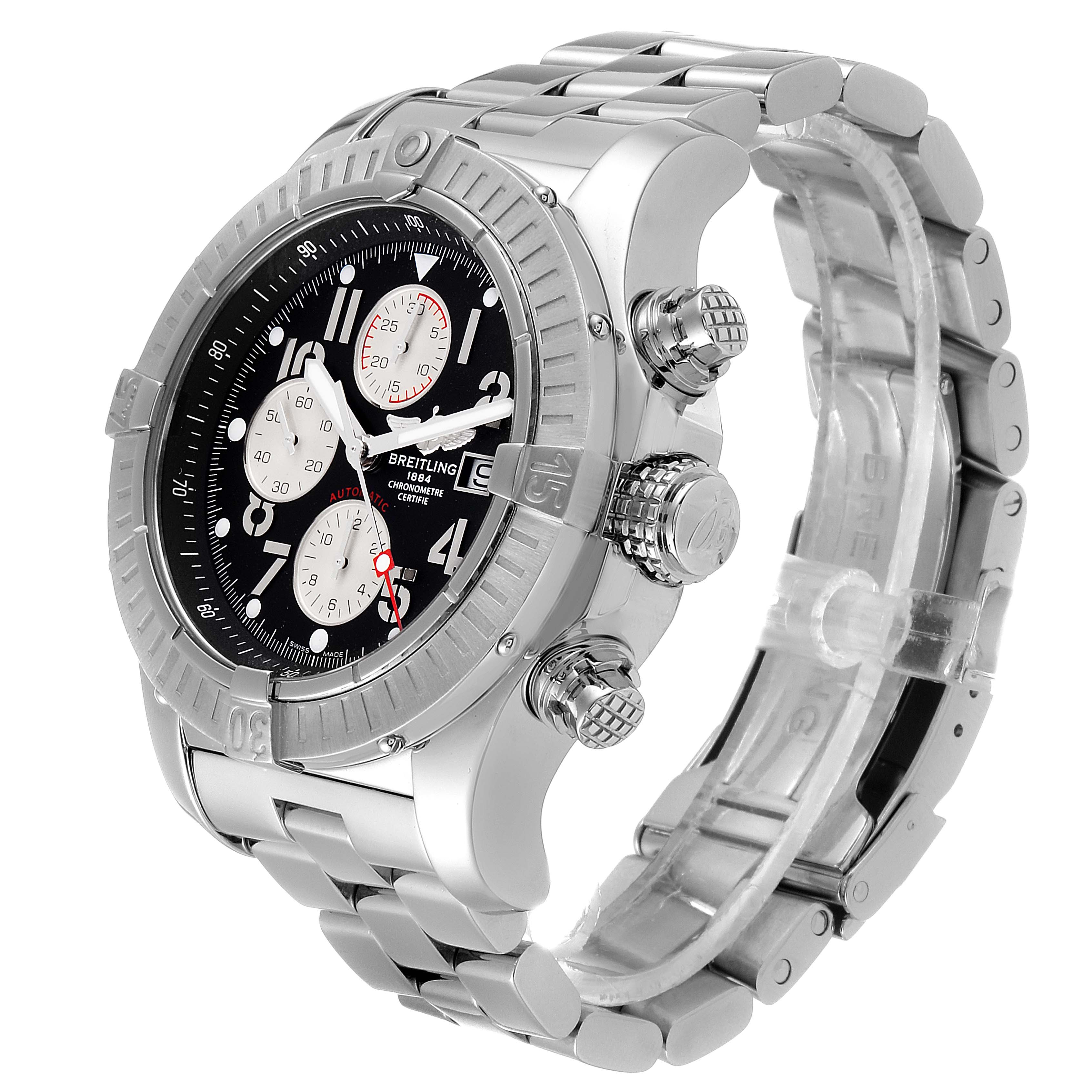 This image shows a side angle of a Breitling Avenger A13370 Men
s Stainless Steel Black Dial A13370 Men
s Stainless Steel Black Dial watch, highlighting its case, bezel, dial, and metal bracelet.