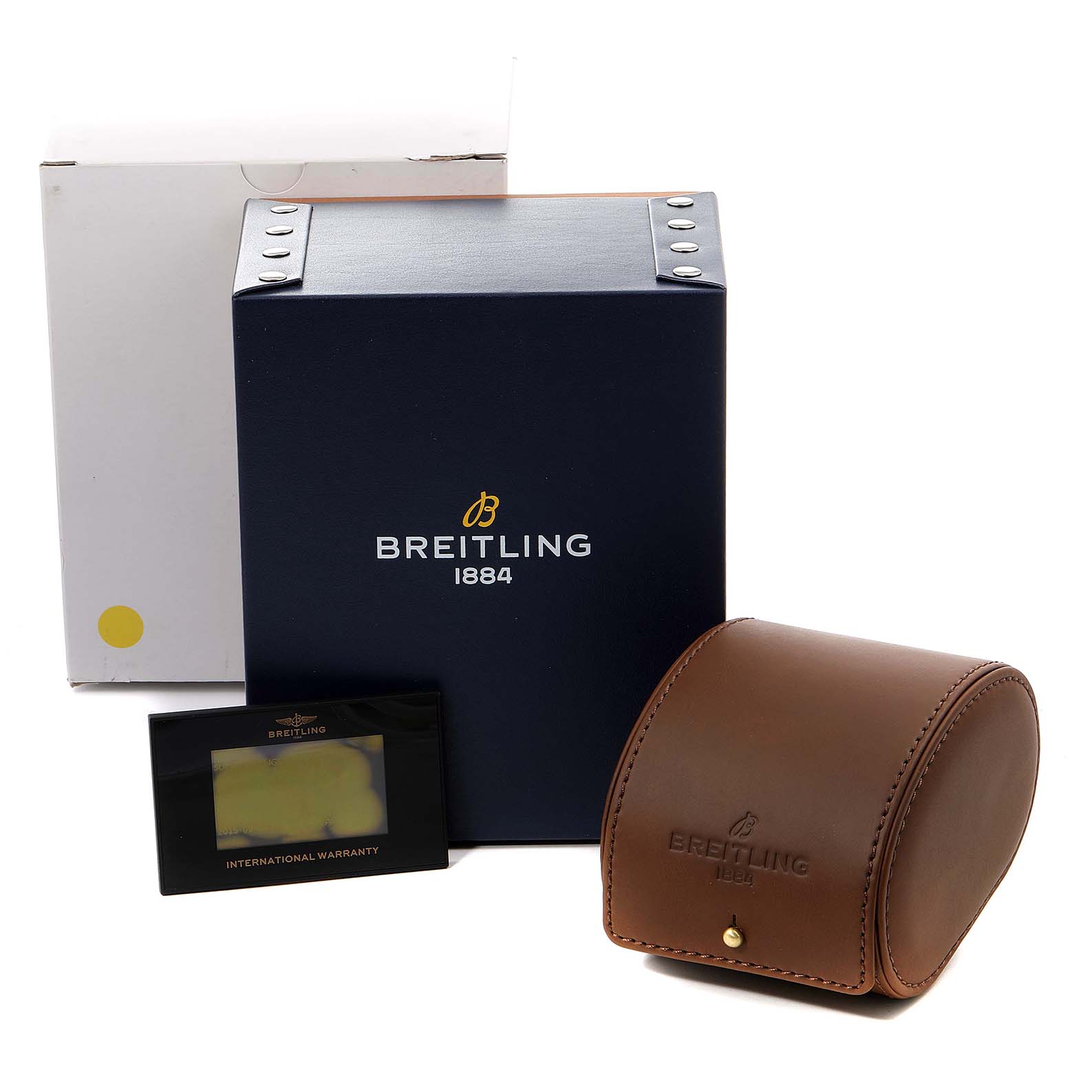 The image shows the packaging and accessories for a Breitling Avenger A13371 Men's Stainless Steel Black Dial A13371 Men's Stainless Steel Black Dial watch, including boxes and an international warranty card.