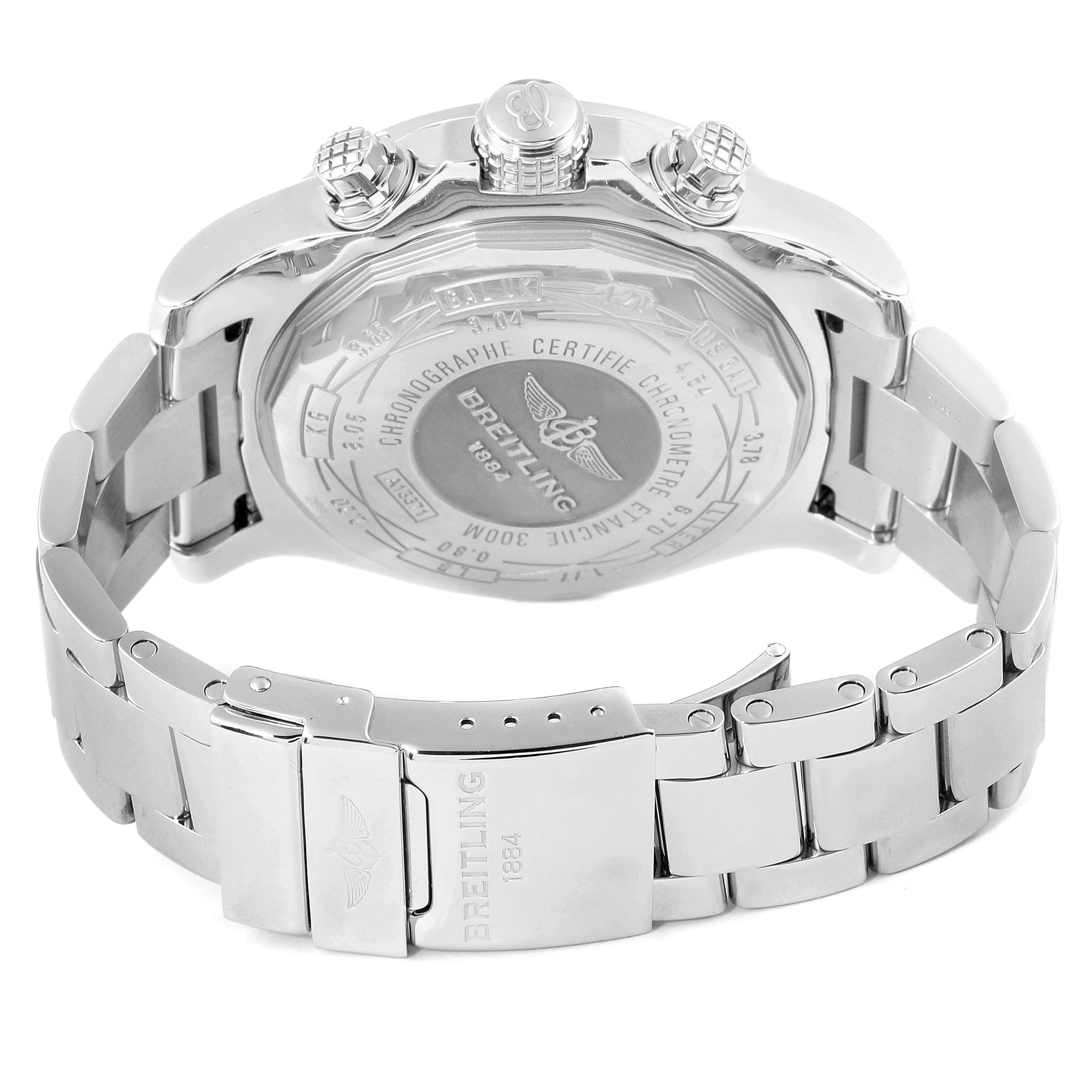 The image shows the back case and bracelet clasp of the Breitling Avenger A13371 Men's Stainless Steel Black Dial A13371 Men's Stainless Steel Black Dial watch from an angled rear view.