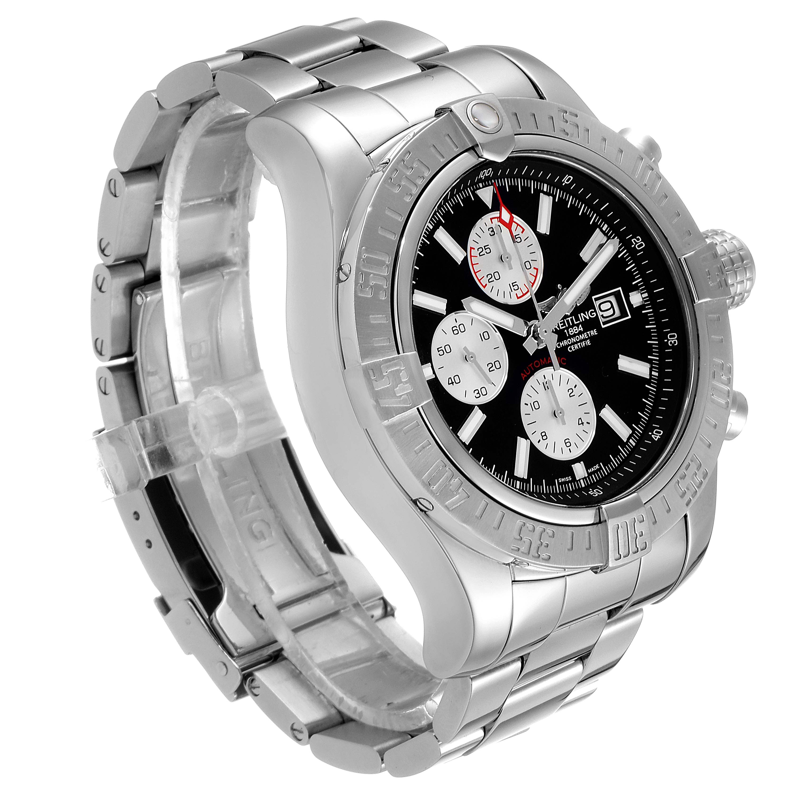 The image shows a Breitling Avenger A13371 Men's Stainless Steel Black Dial A13371 Men's Stainless Steel Black Dial watch at a three-quarter angle, displaying the face, bezel, case, and part of the bracelet.