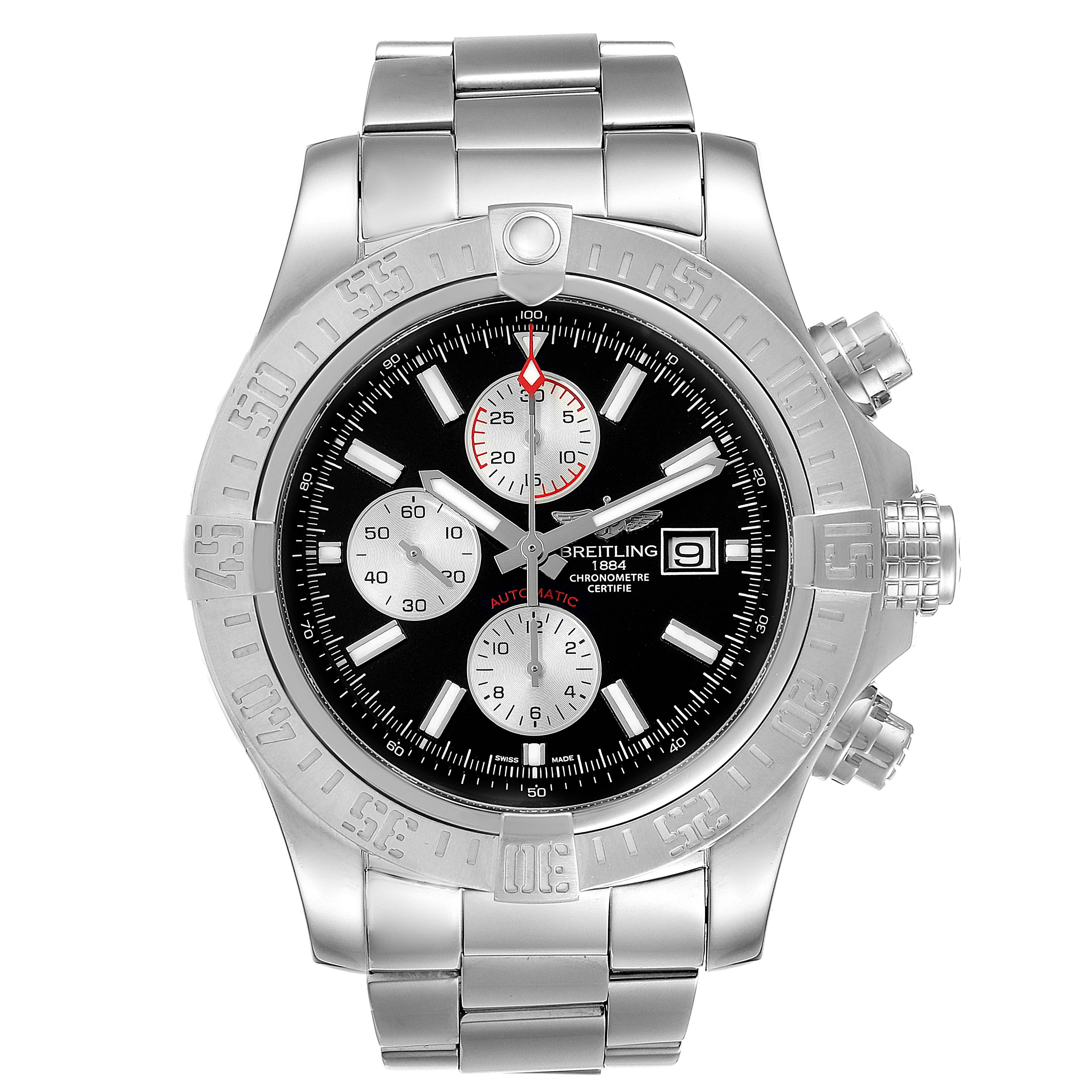 The image shows a front view of a Breitling Avenger A13371 Men's Stainless Steel Black Dial A13371 Men's Stainless Steel Black Dial watch, displaying its face, bezel, and bracelet.