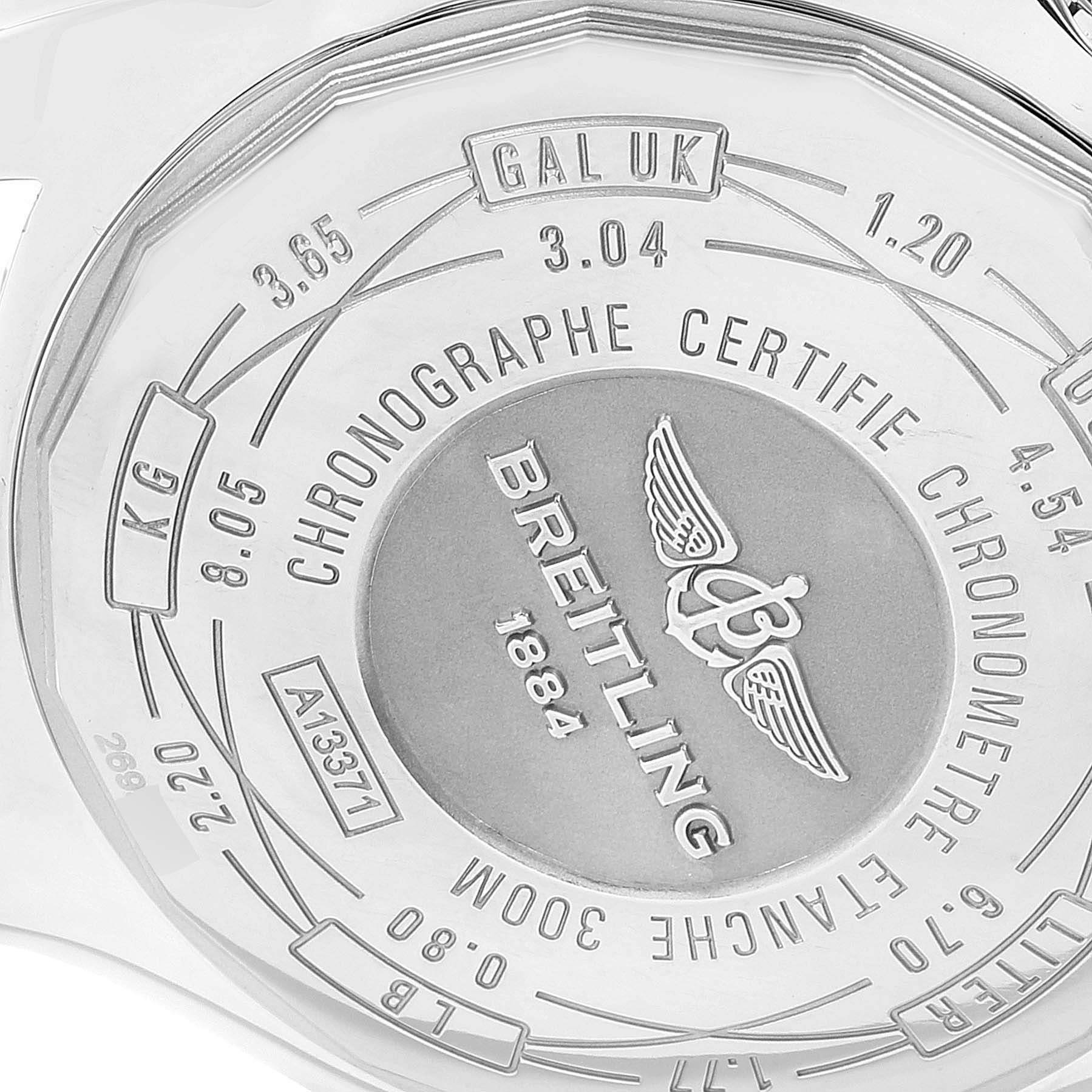 This image shows the case back of a Breitling Avenger A13371 Men's Stainless Steel Black Dial A13371 Men's Stainless Steel Black Dial watch, highlighting its engravings and certification details.