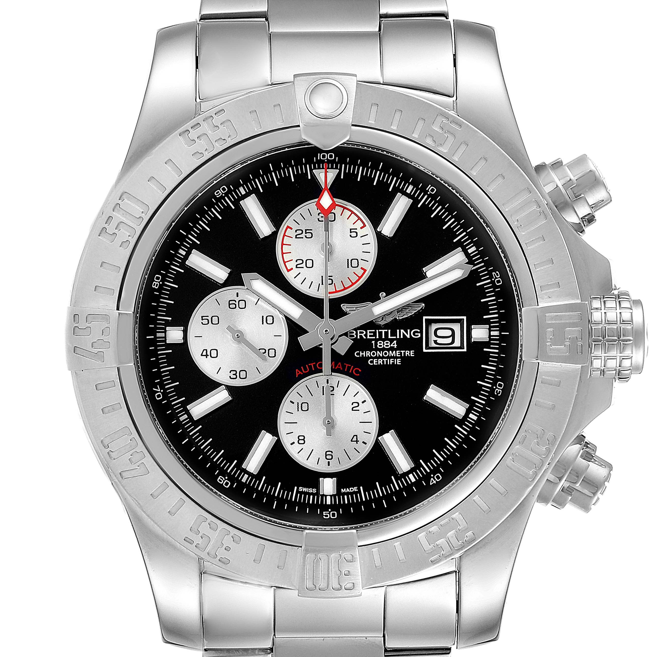 The image shows a front view of the Breitling Avenger A13371 Men's Stainless Steel Black Dial A13371 Men's Stainless Steel Black Dial watch, highlighting its face, dials, bezel, and bracelet.