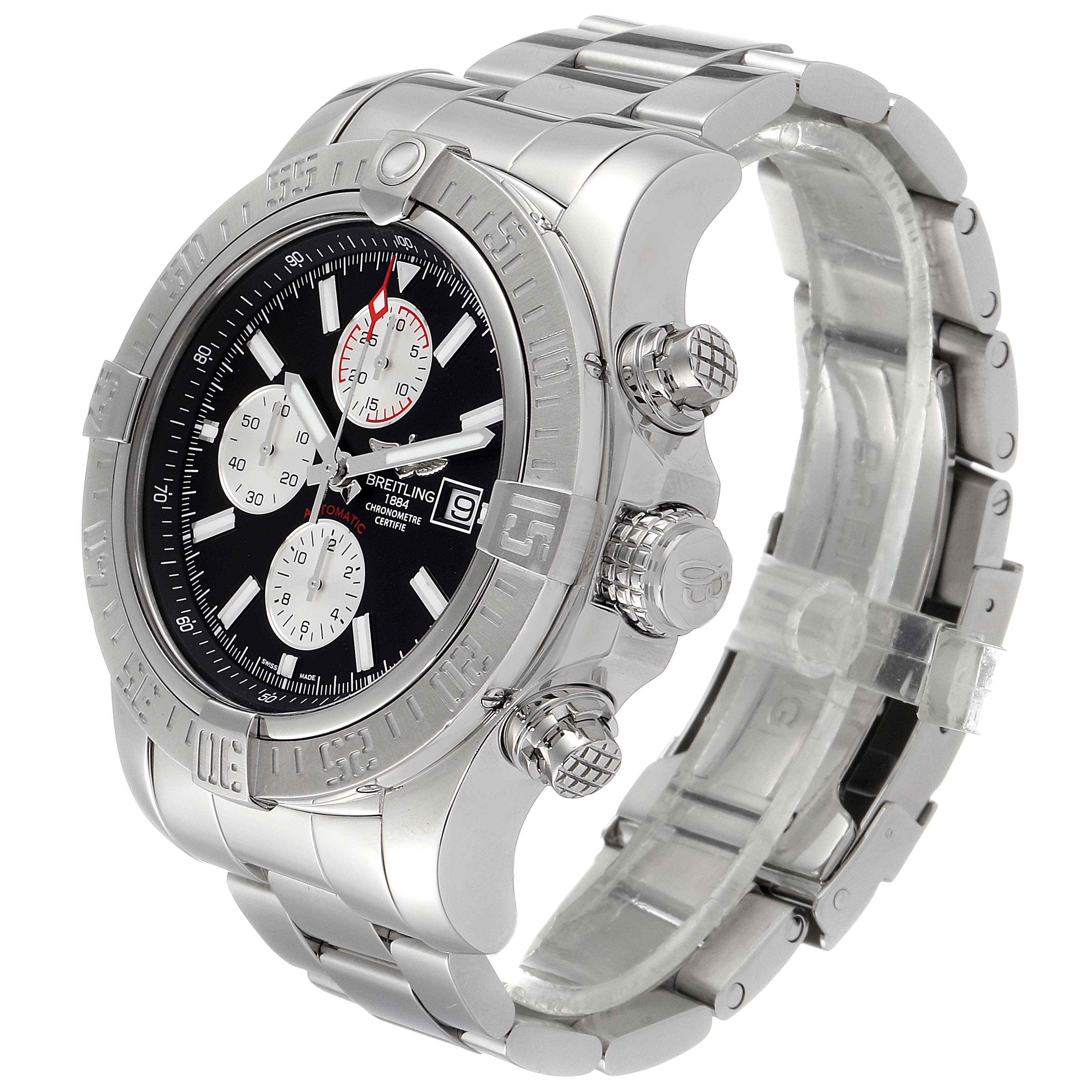 The image shows a Breitling Avenger A13371 Men's Stainless Steel Black Dial A13371 Men's Stainless Steel Black Dial watch from an angled side view, highlighting its bezel, crown, pushers, and stainless steel bracelet.