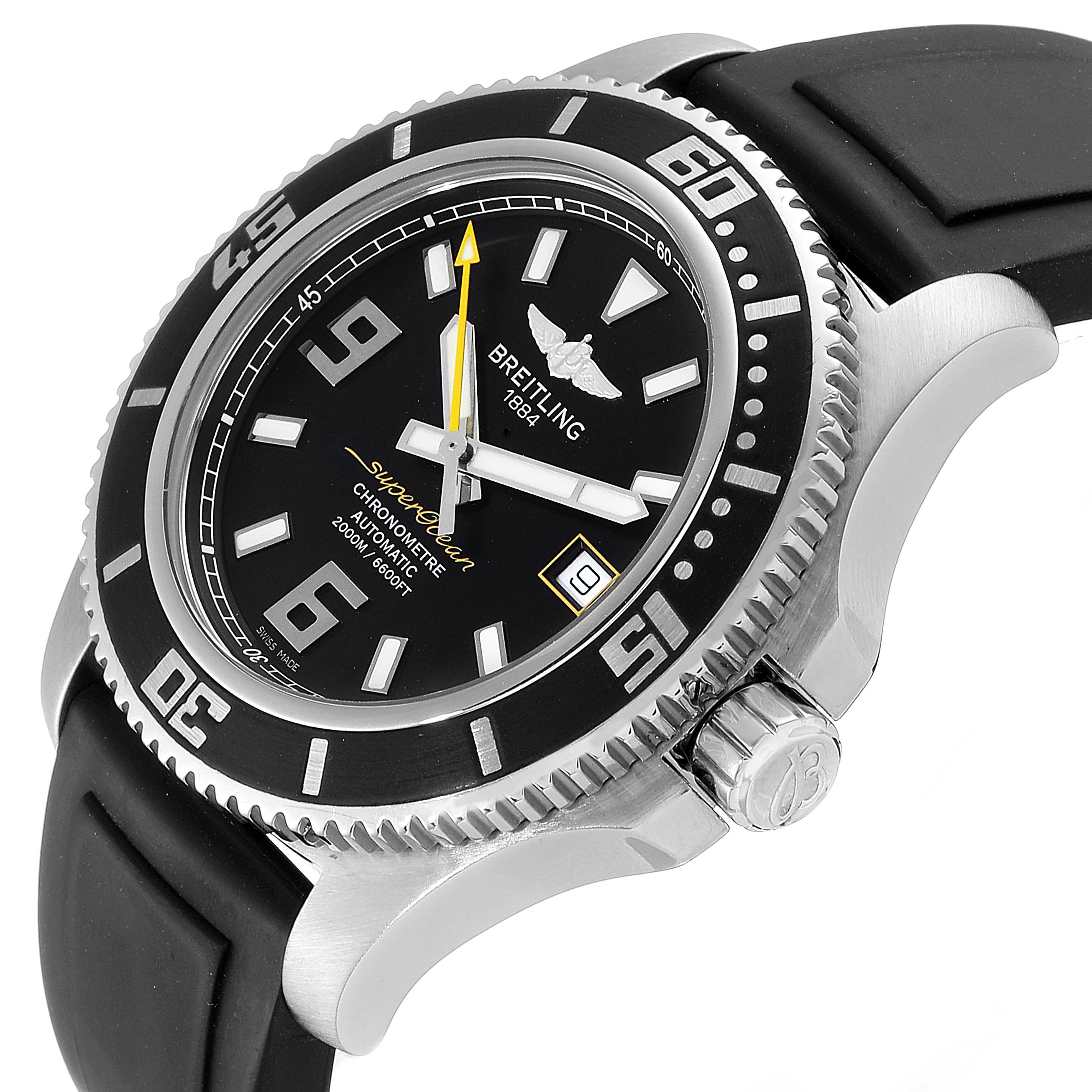 The image shows a side and front view of the Breitling Superocean A17391 Men
s Stainless Steel Black Dial A17391 Men
s Stainless Steel Black Dial watch, highlighting the bezel, dial, and crown.
