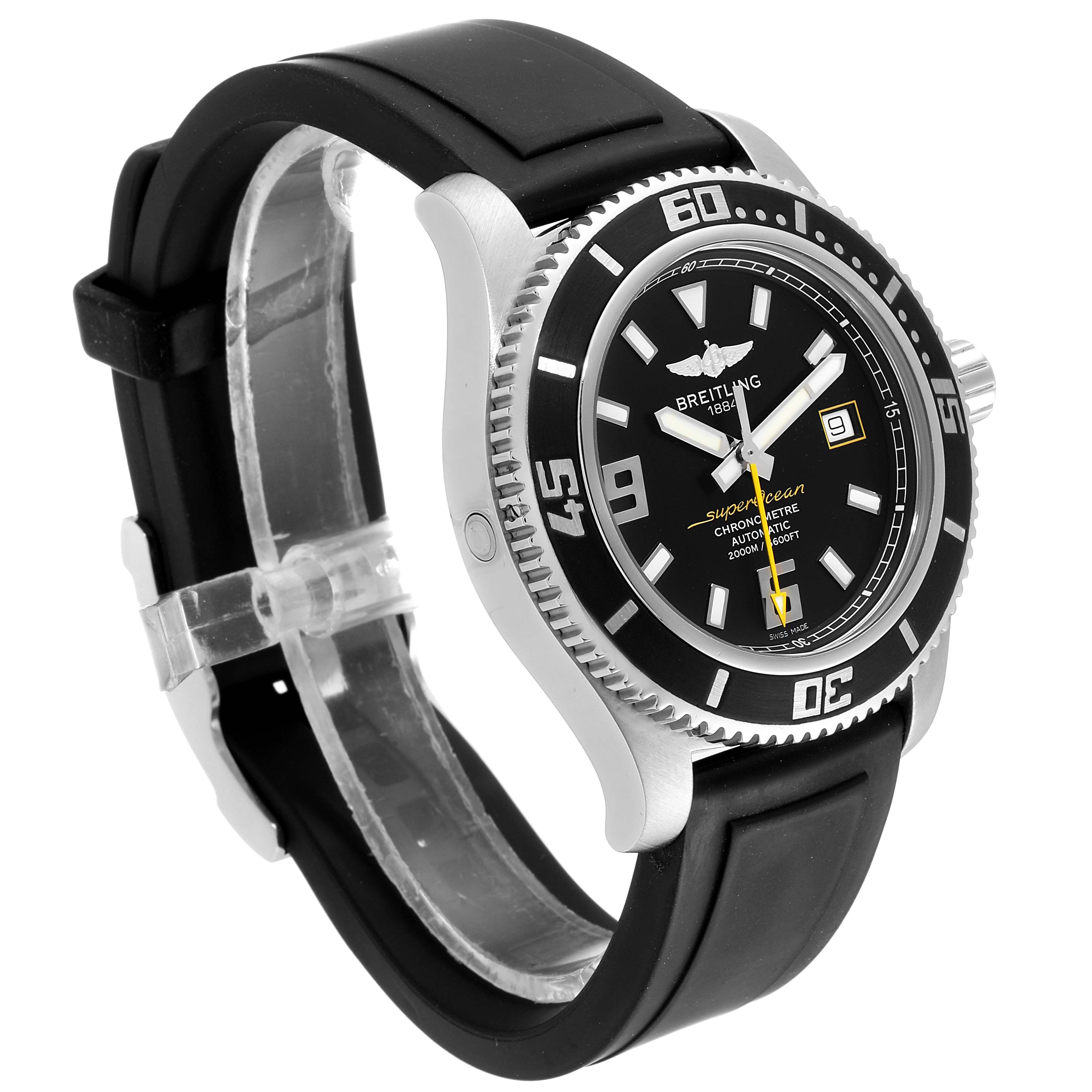 The Breitling Superocean A17391 Men
s Stainless Steel Black Dial A17391 Men
s Stainless Steel Black Dial watch is shown from an angled side view, displaying its black dial, bezel, and rubber strap.