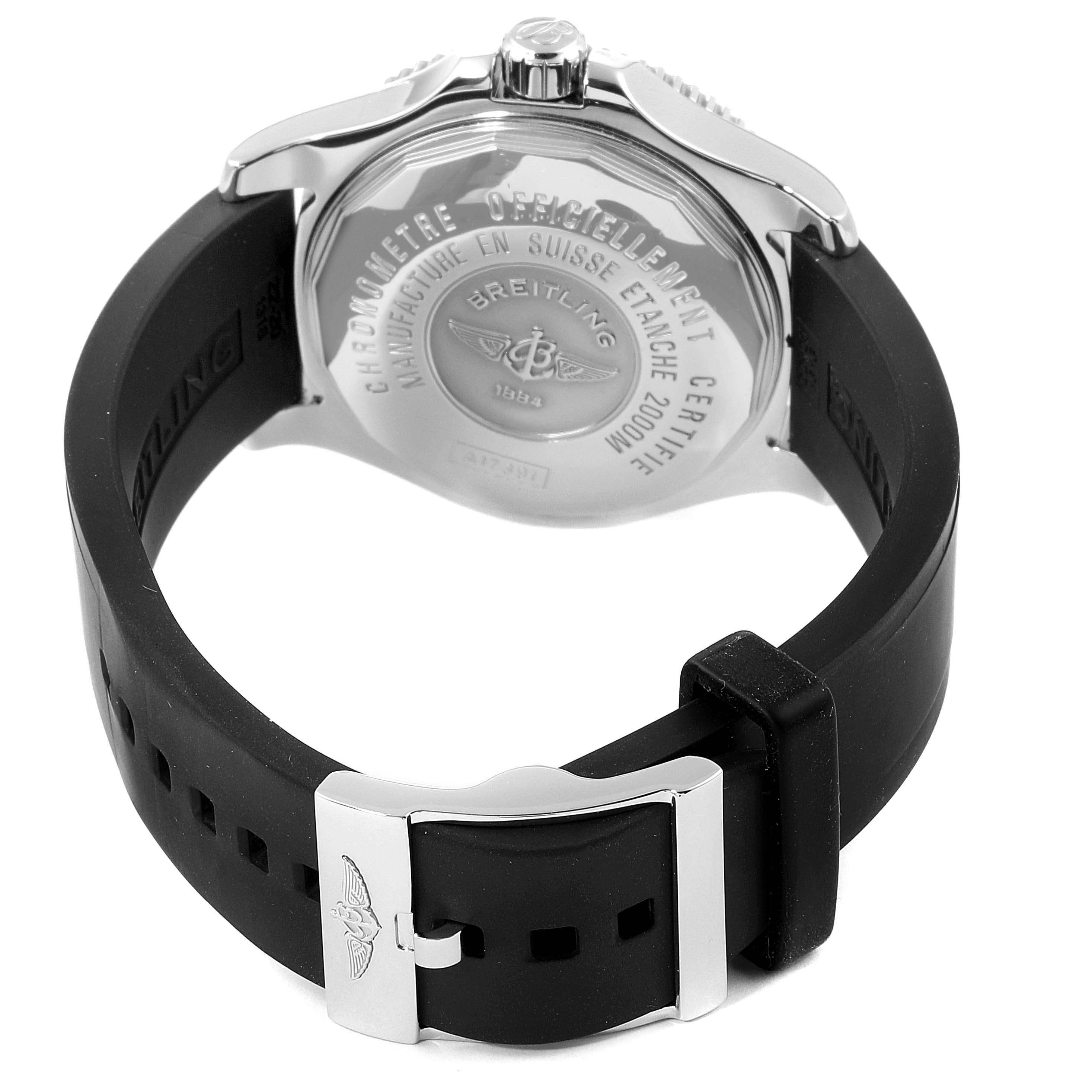 The image shows the back case and buckle of the Breitling Superocean A17391 Men
s Stainless Steel Black Dial A17391 Men
s Stainless Steel Black Dial watch, with a black rubber strap.