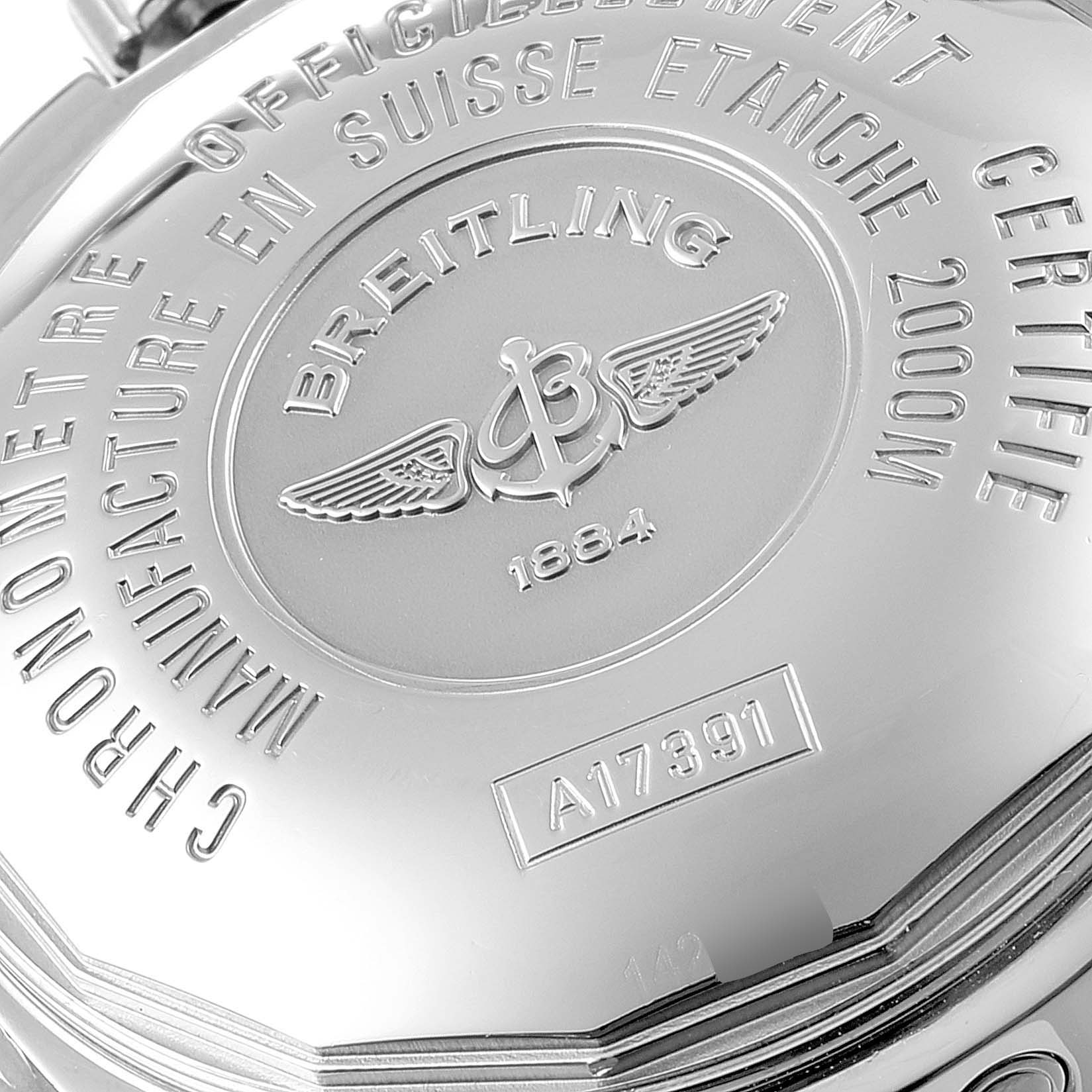 This image shows the back case of a Breitling Superocean A17391 Men
s Stainless Steel Black Dial A17391 Men
s Stainless Steel Black Dial watch, featuring brand engravings and model number.