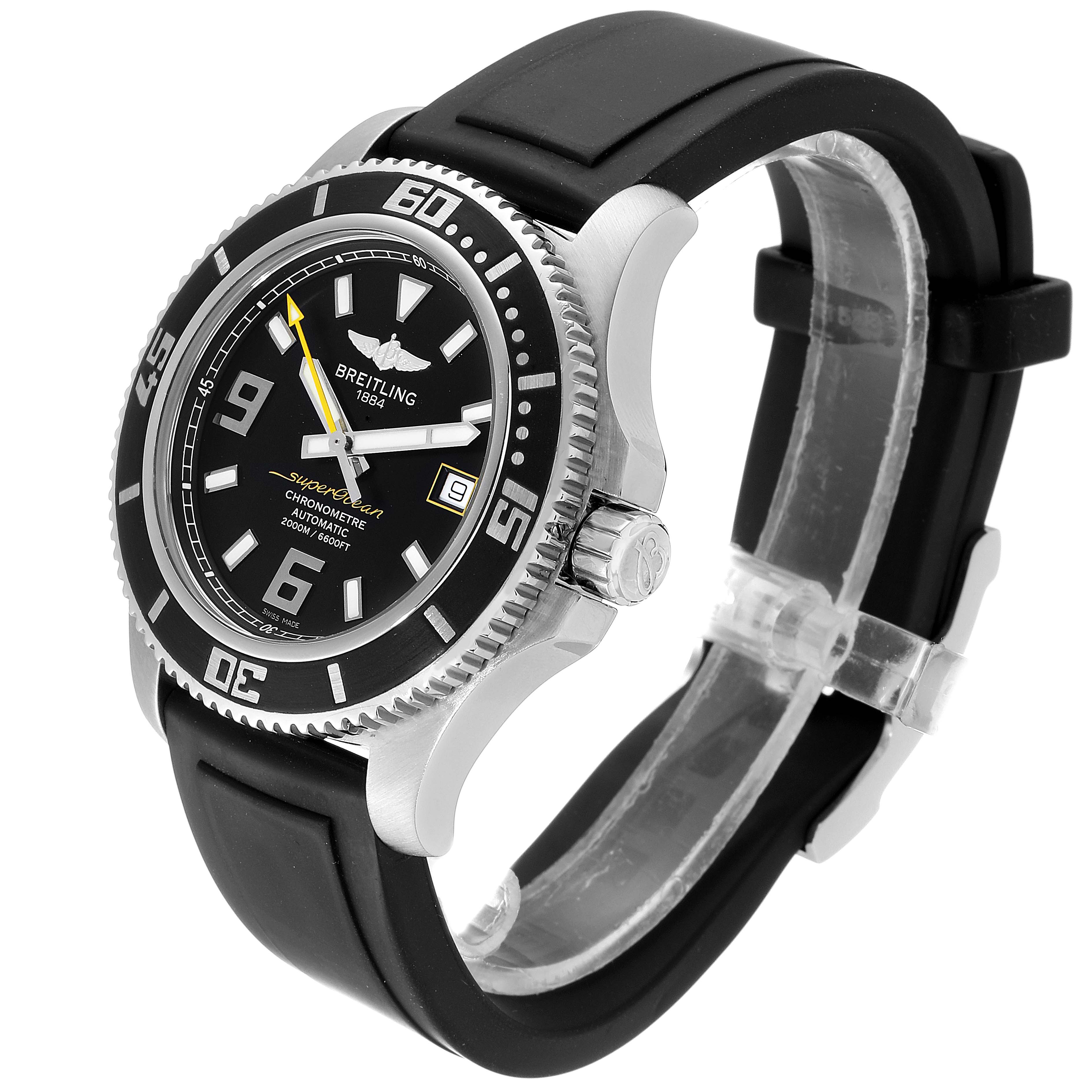 The Breitling Superocean A17391 Men
s Stainless Steel Black Dial A17391 Men
s Stainless Steel Black Dial watch is shown at a slight angle, highlighting the face, bezel, crown, and part of the black rubber strap.