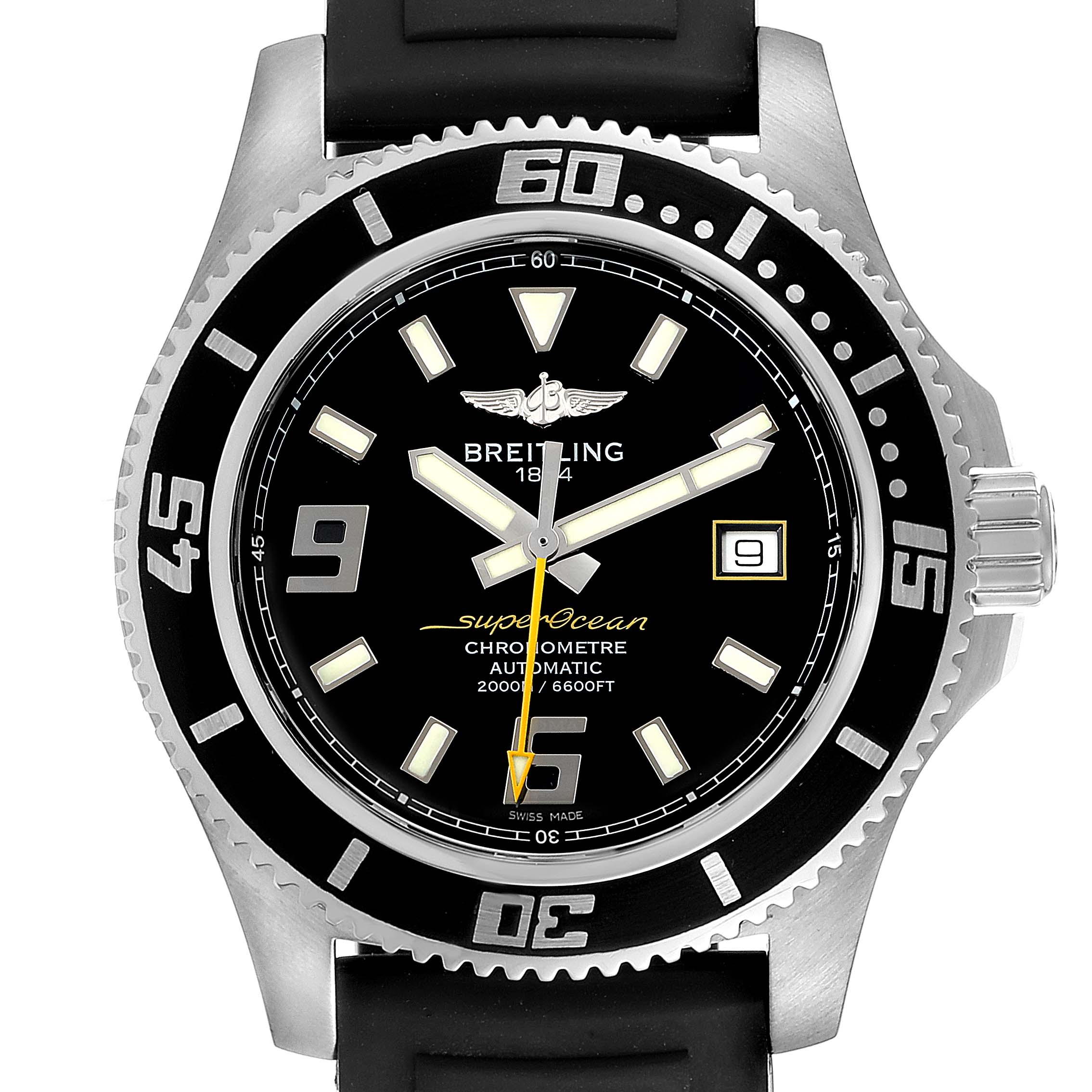 The Breitling Superocean A17391 Men
s Stainless Steel Black Dial A17391 Men
s Stainless Steel Black Dial watch is shown from the front, featuring its bezel, dial, numerals, hands, and date window.