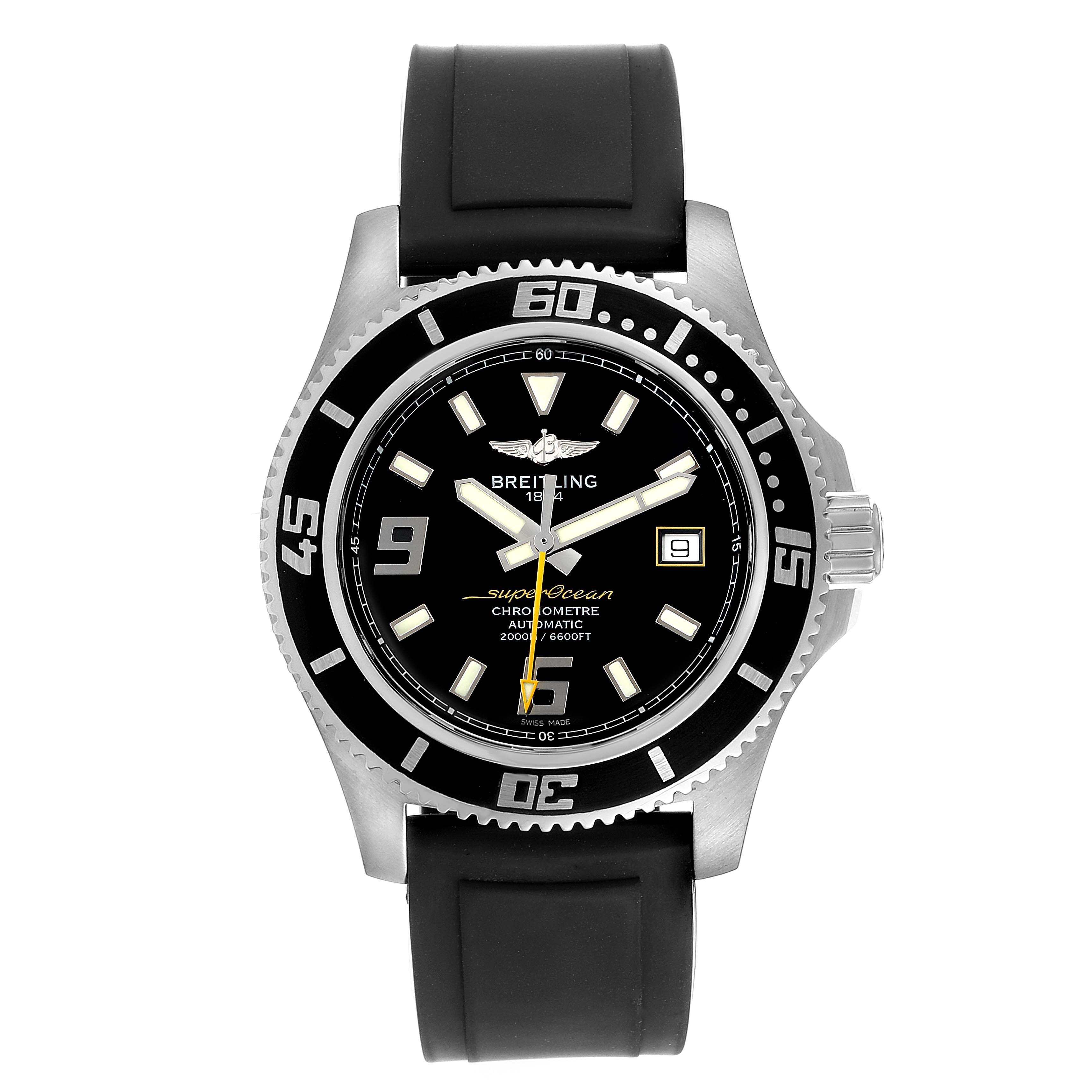 This image shows a front view of the Breitling Superocean A17391 Men
s Stainless Steel Black Dial A17391 Men
s Stainless Steel Black Dial watch featuring its black dial, bezel, and rubber strap.