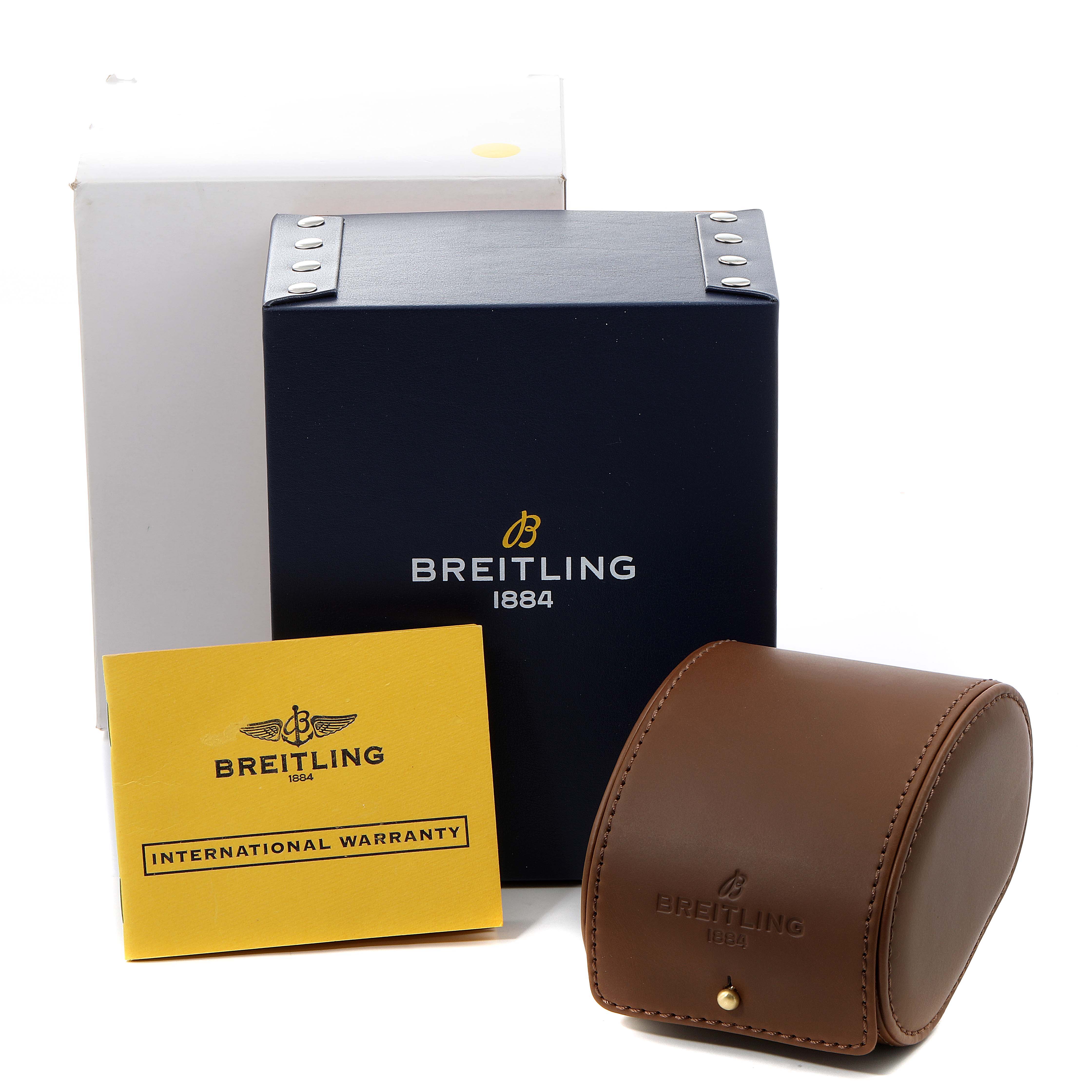 The image shows the packaging, warranty card, and leather case for the Breitling Superocean A17390 Men's Stainless Steel Silver Dial A17390 Men's Stainless Steel Silver Dial watch.