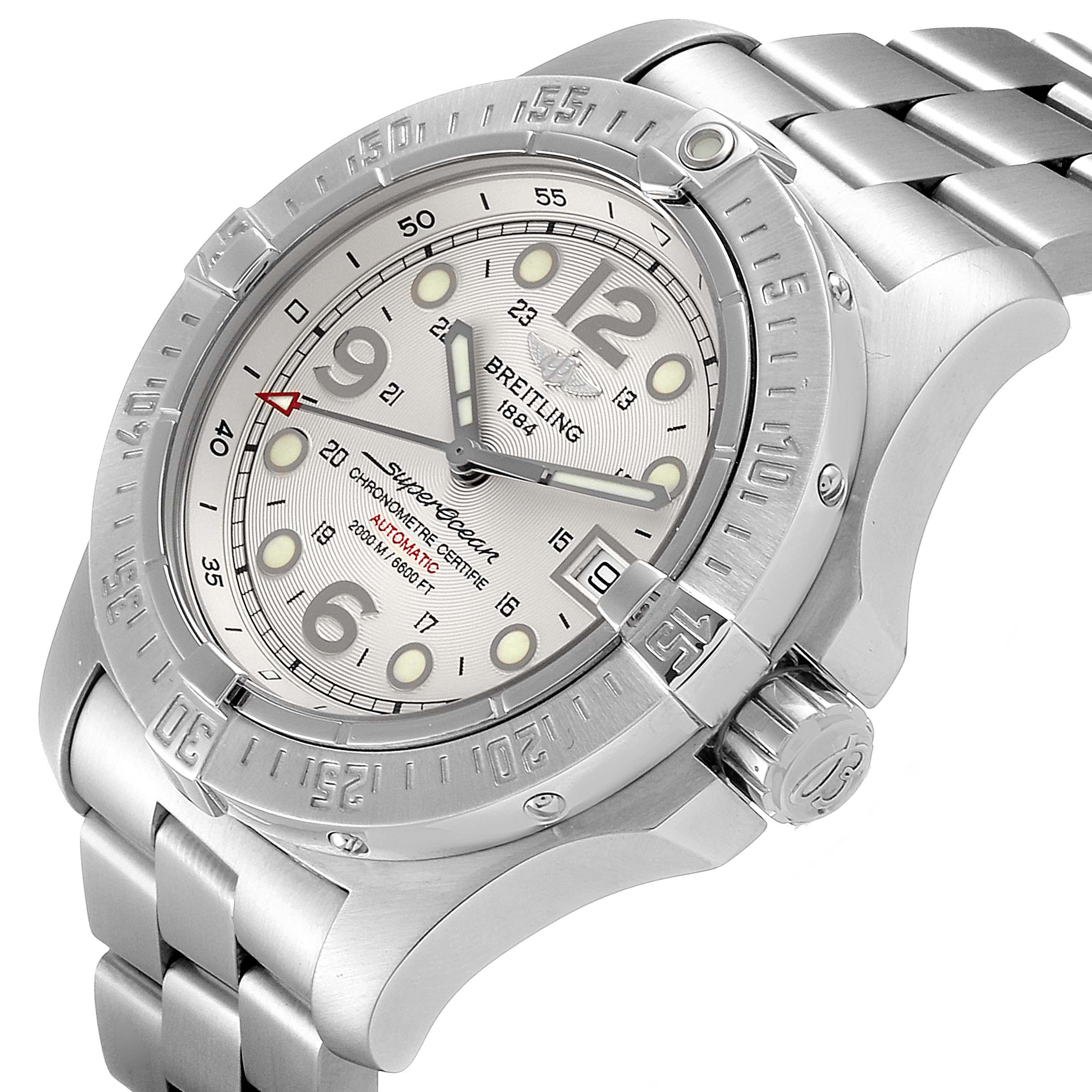 This image shows a Breitling Superocean A17390 Men's Stainless Steel Silver Dial A17390 Men's Stainless Steel Silver Dial watch at an angled view, displaying its dial, bezel, crown, and stainless steel bracelet.