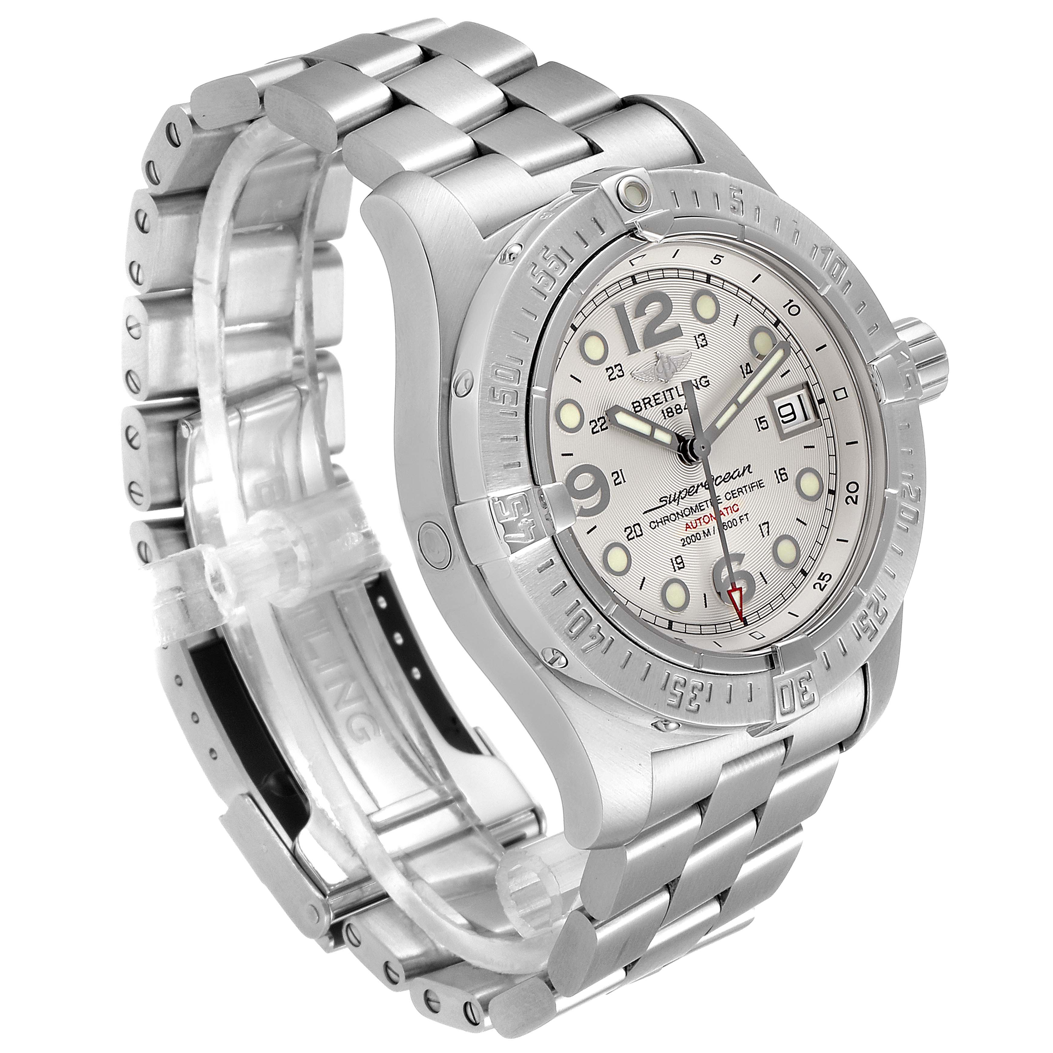 The image shows a Breitling Superocean A17390 Men's Stainless Steel Silver Dial A17390 Men's Stainless Steel Silver Dial watch angled to display the face, bezel, crown, and metal bracelet.