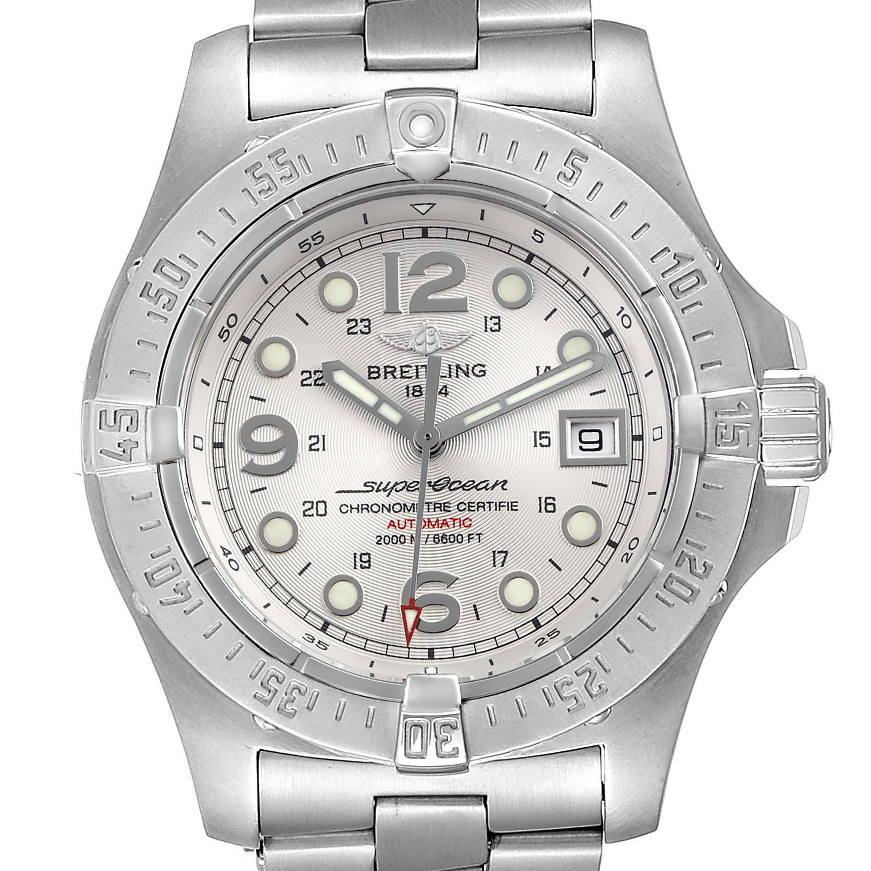 This is a front view of a Breitling Superocean A17390 Men's Stainless Steel Silver Dial A17390 Men's Stainless Steel Silver Dial watch, showing the dial, bezel, and part of the stainless steel bracelet.