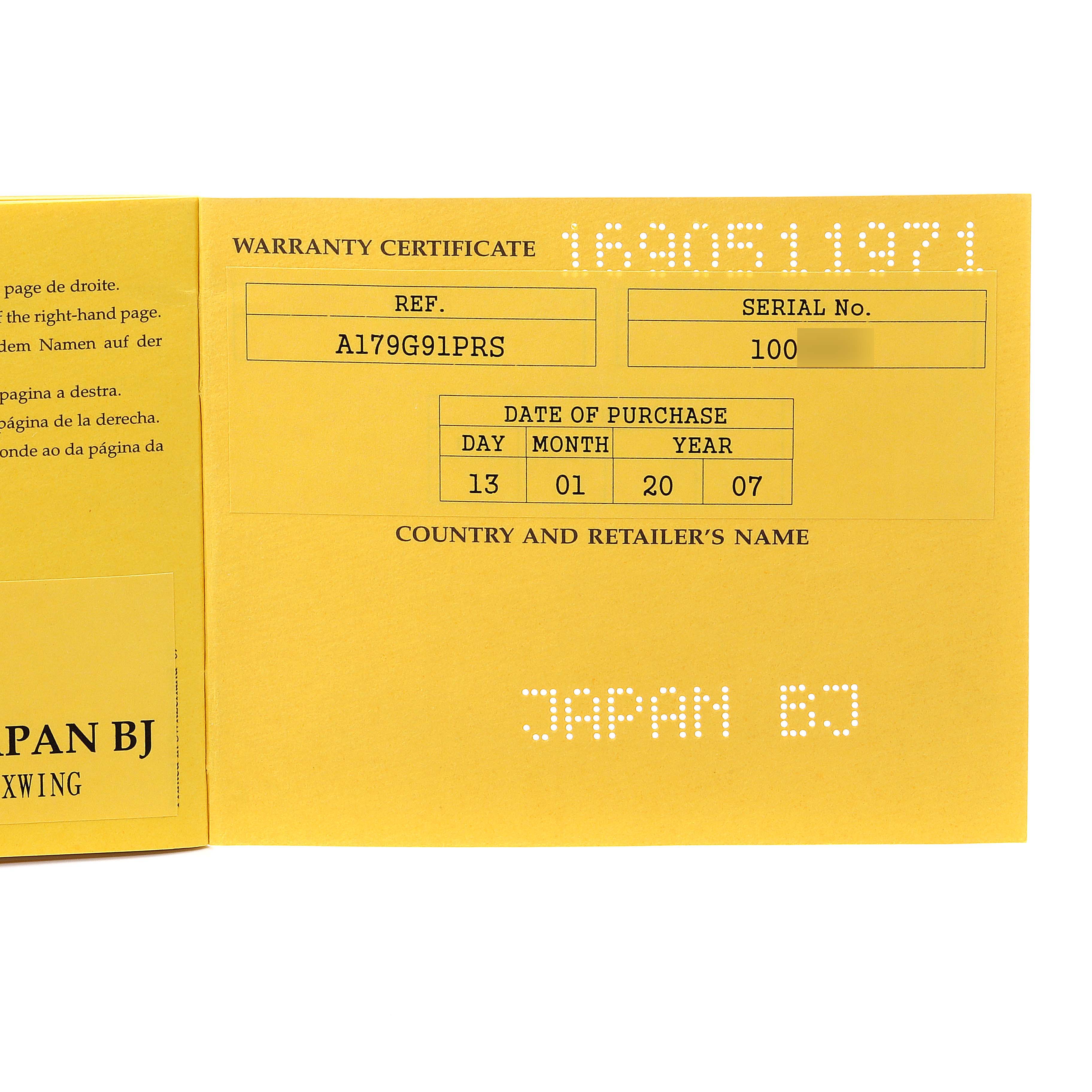 The image shows the warranty certificate of a Breitling Superocean A17390 Men's Stainless Steel Silver Dial A17390 Men's Stainless Steel Silver Dial watch.