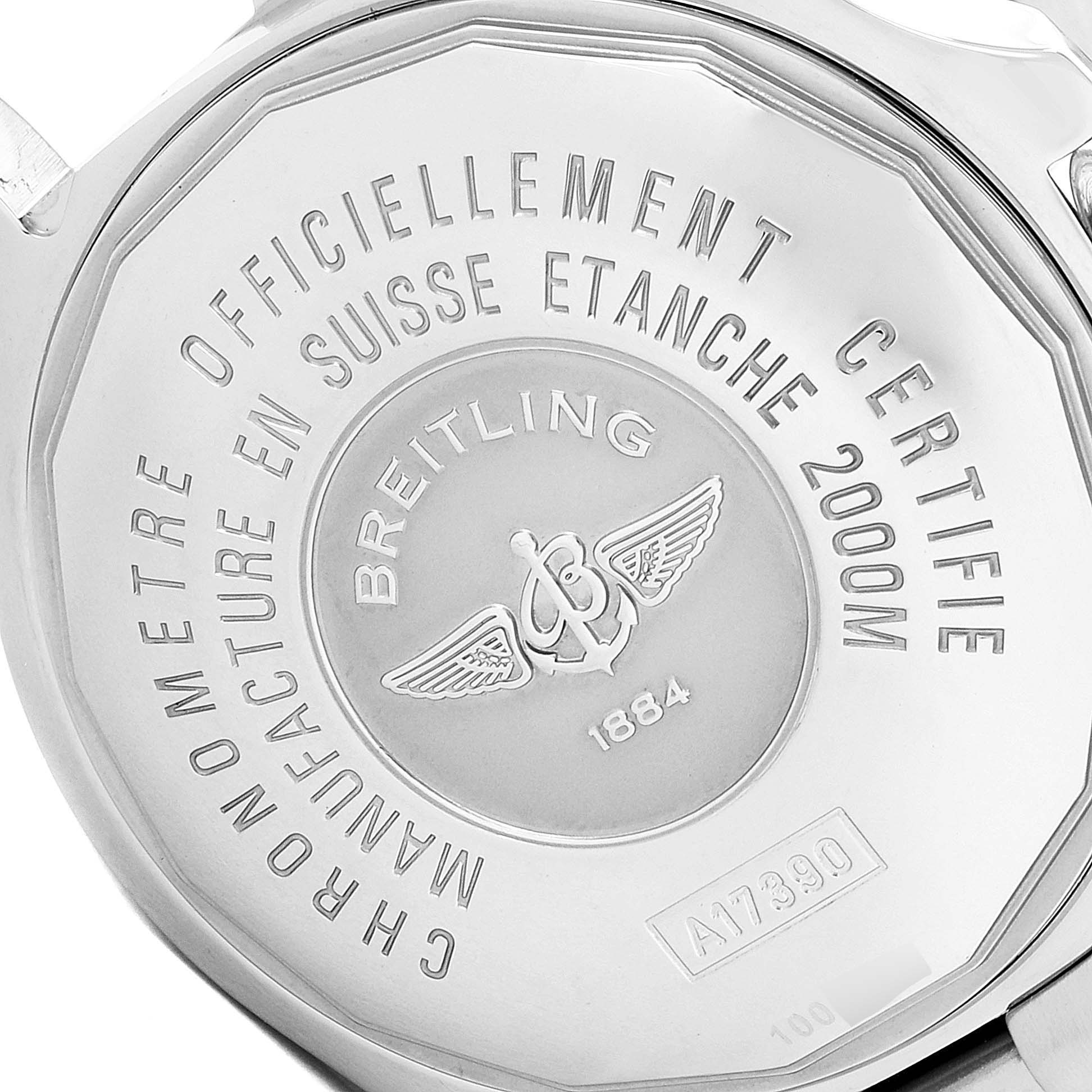 This image shows the back casing of a Breitling Superocean A17390 Men's Stainless Steel Silver Dial A17390 Men's Stainless Steel Silver Dial watch, displaying engravings and branding details.