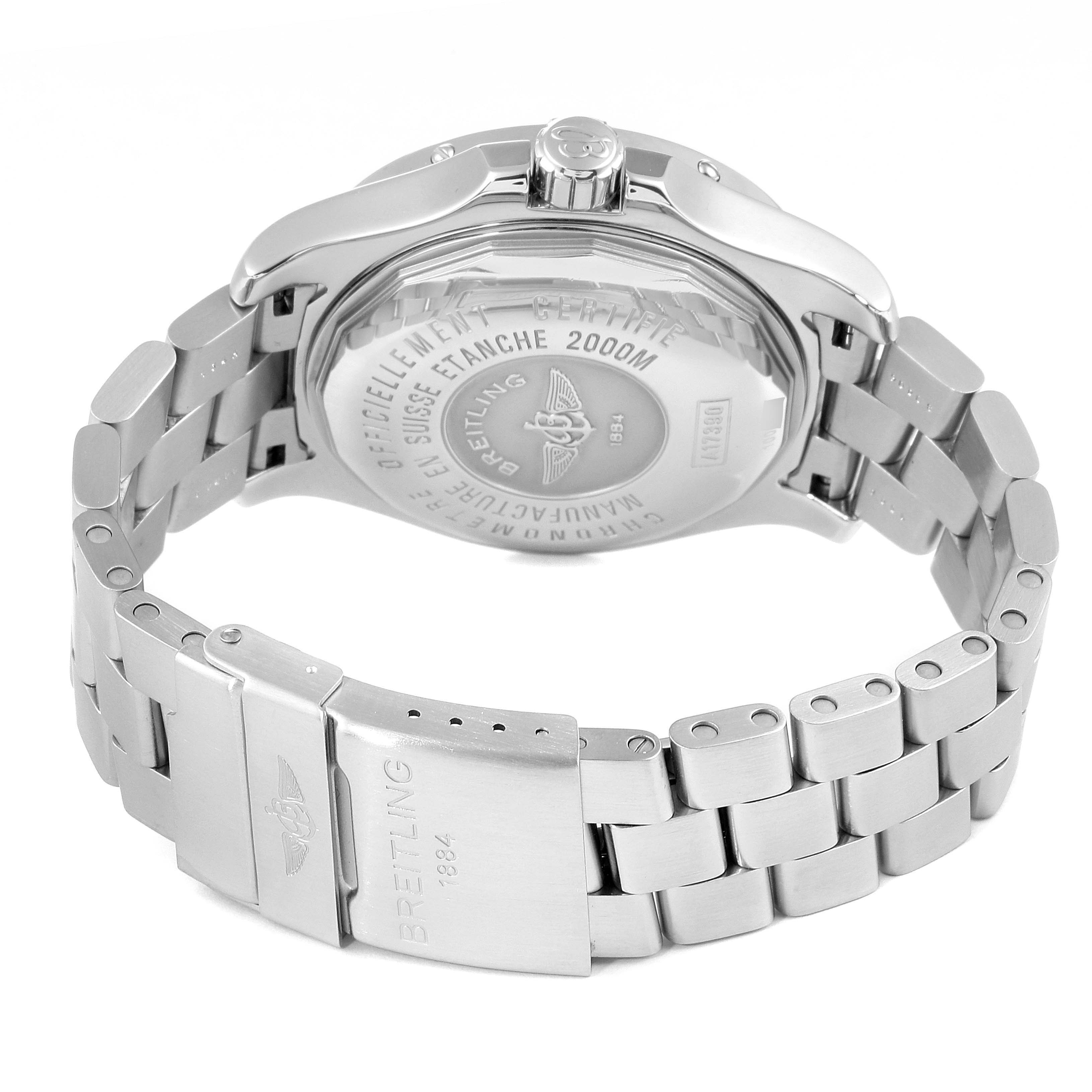 The image shows the back case, crown, and metal bracelet of the Breitling Superocean A17390 Men's Stainless Steel Silver Dial A17390 Men's Stainless Steel Silver Dial watch at a slight angle.