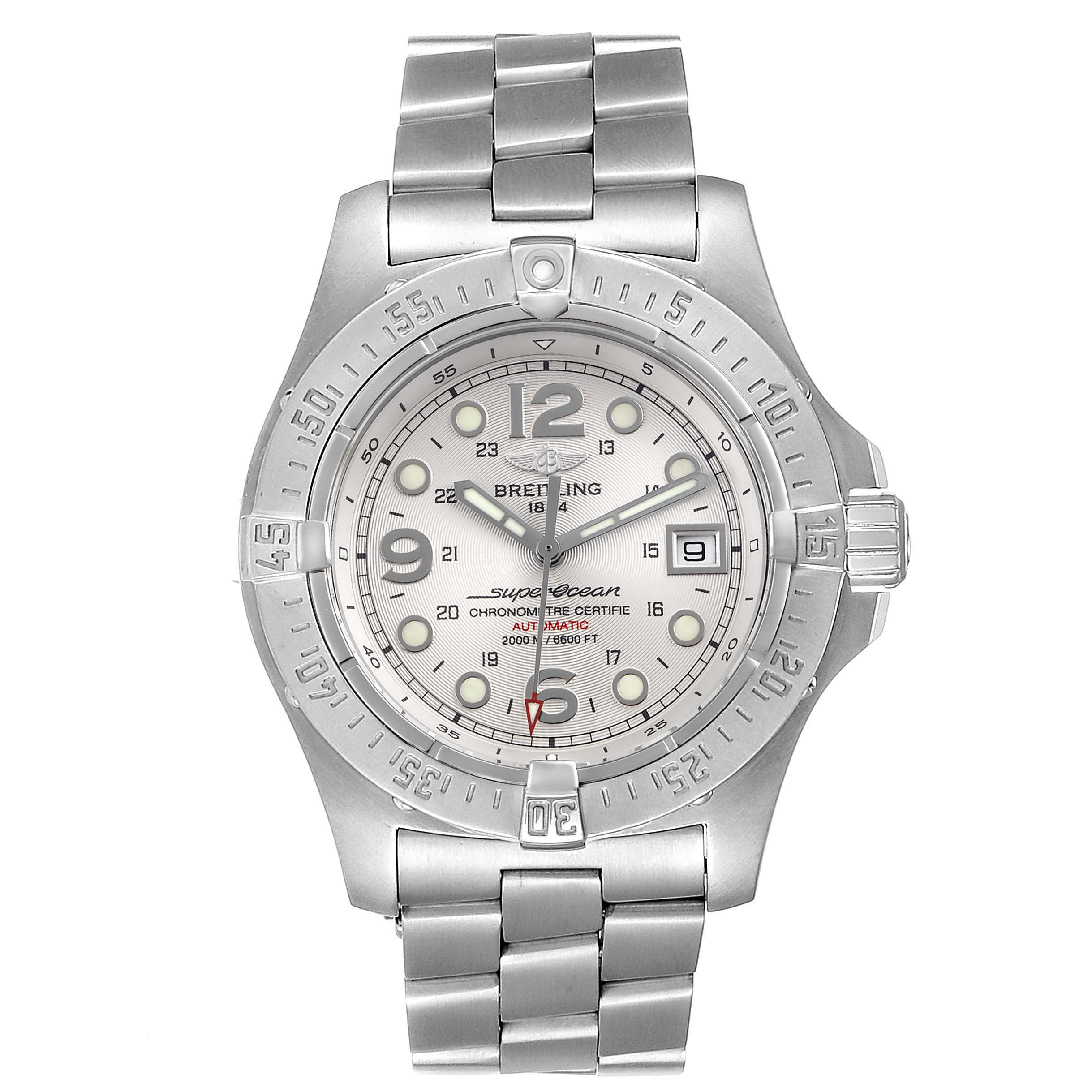 This image shows a front view of the Breitling Superocean A17390 Men's Stainless Steel Silver Dial A17390 Men's Stainless Steel Silver Dial watch, displaying its face, bezel, and metal bracelet.