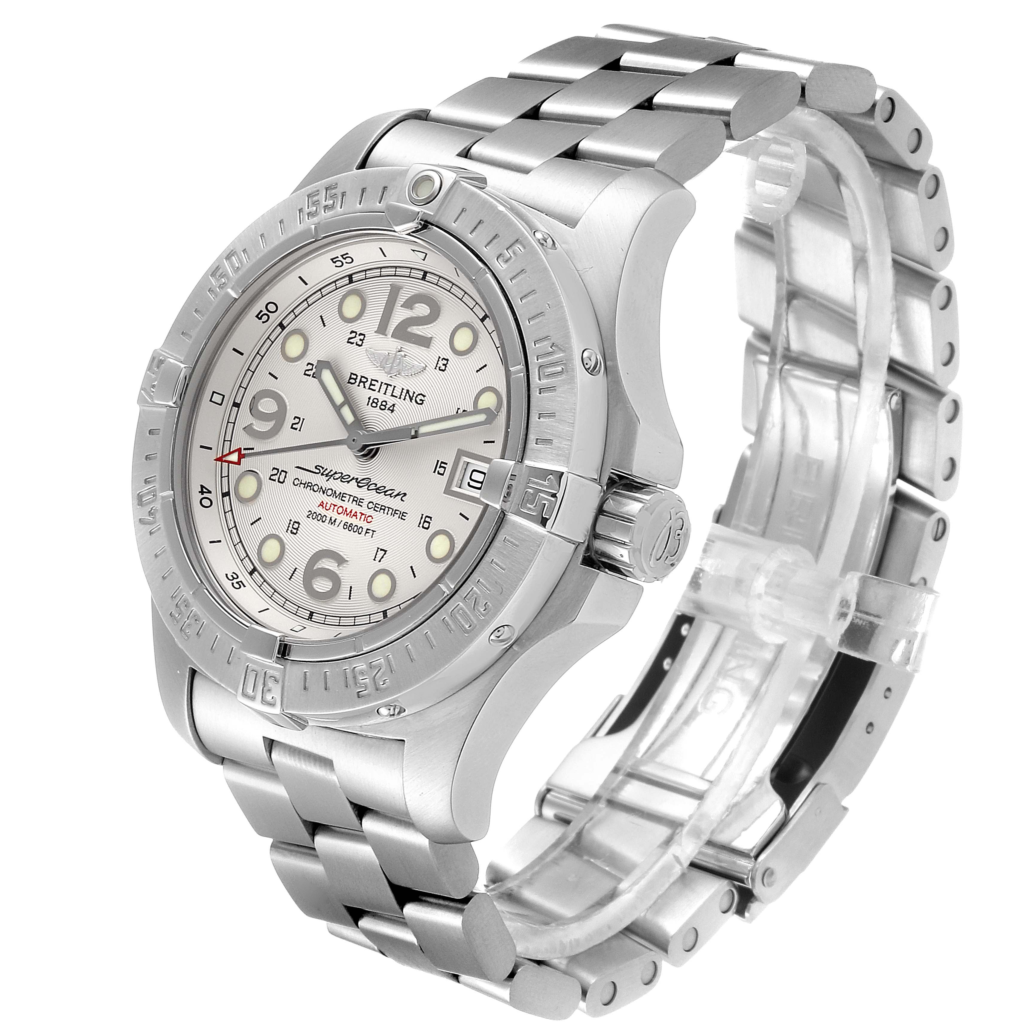 The image shows a Breitling Superocean A17390 Men's Stainless Steel Silver Dial A17390 Men's Stainless Steel Silver Dial watch from an angled side view, highlighting its dial, bezel, crown, and metal bracelet.