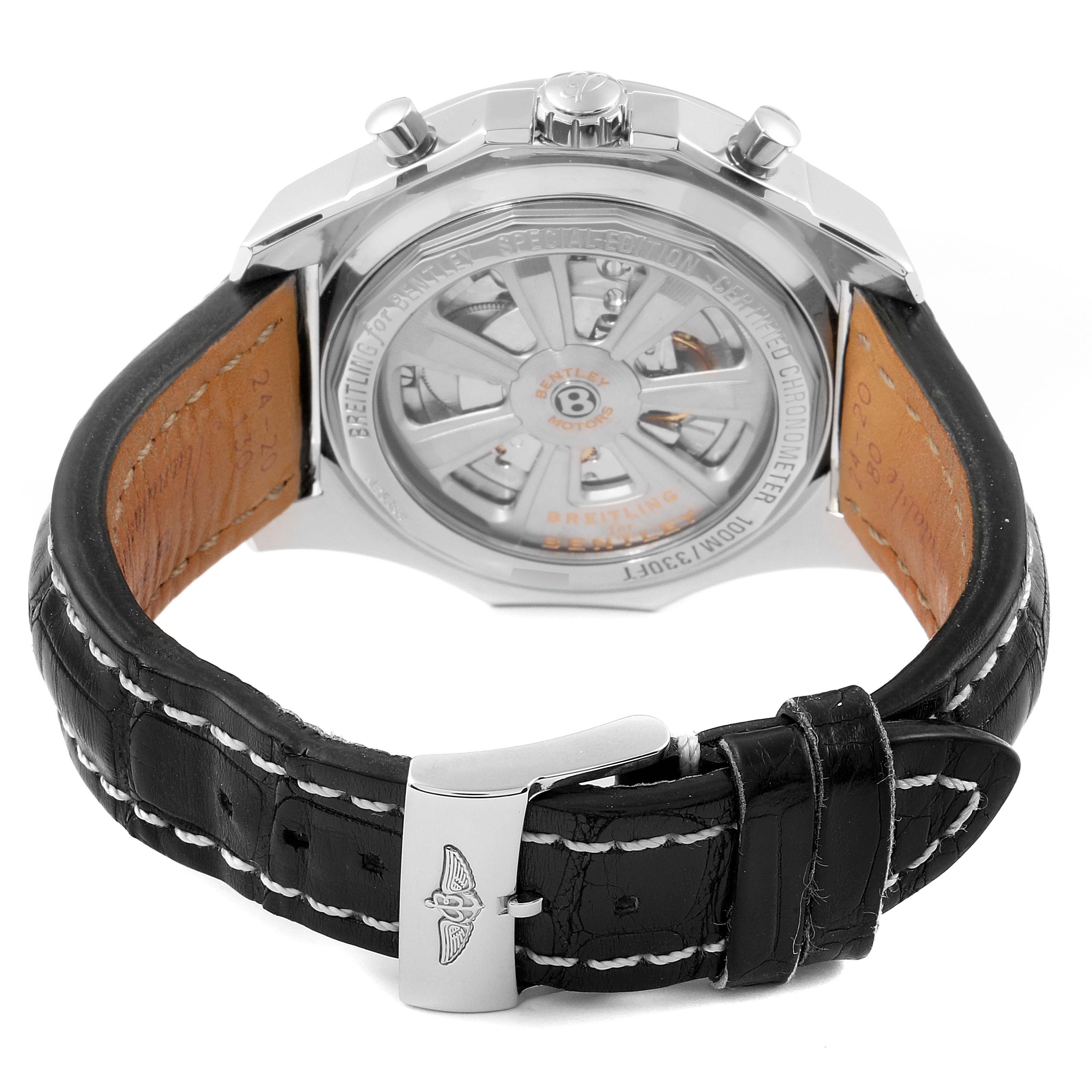 The image shows the back view of the Breitling Bentley A2536821 Men
s Stainless Steel White Dial A2536821 Men
s Stainless Steel White Dial watch, highlighting the movement and the black leather strap with a clasp.