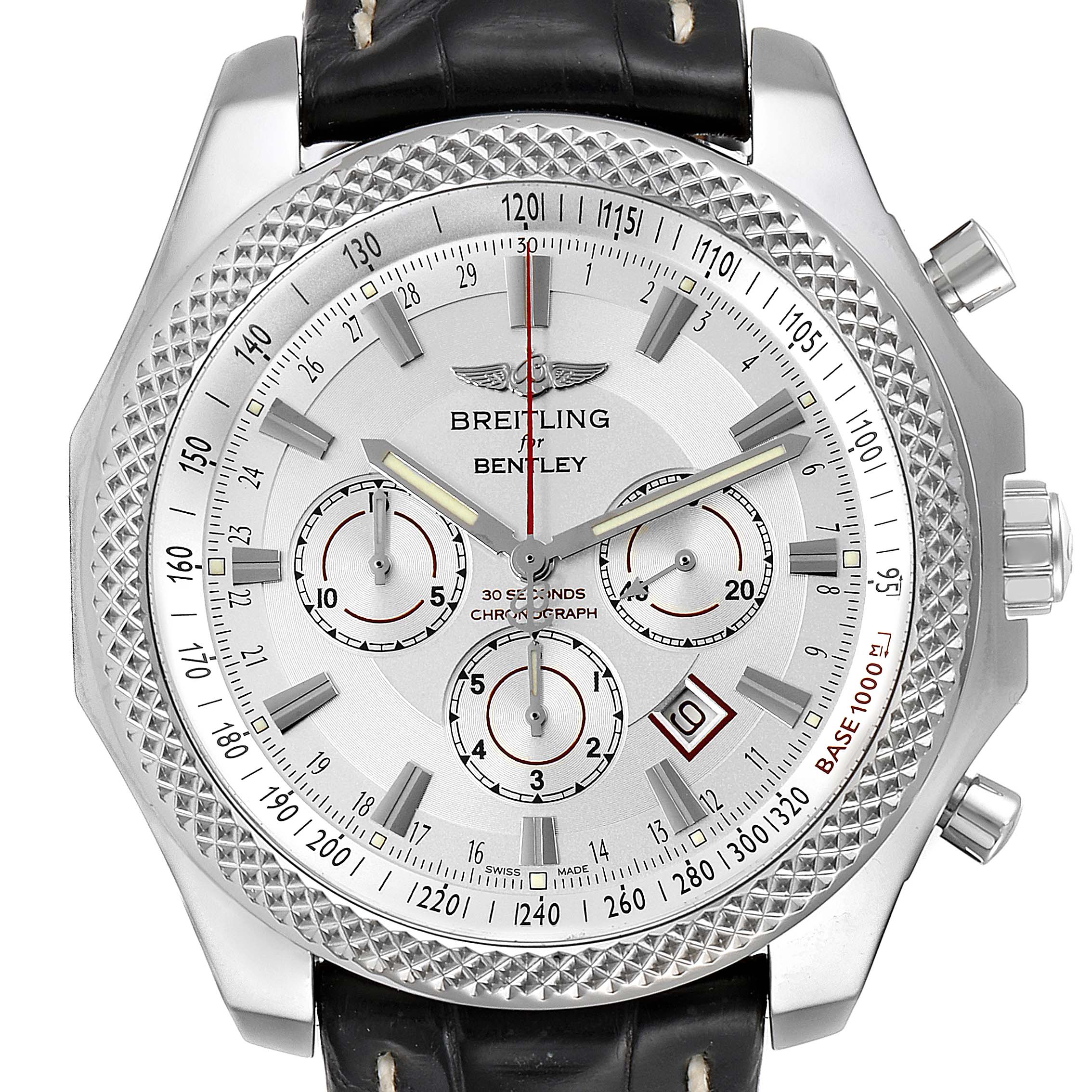 The image shows a front view of the Breitling Bentley A2536821 Men
s Stainless Steel White Dial A2536821 Men
s Stainless Steel White Dial watch, featuring its face, bezel, and black leather strap.