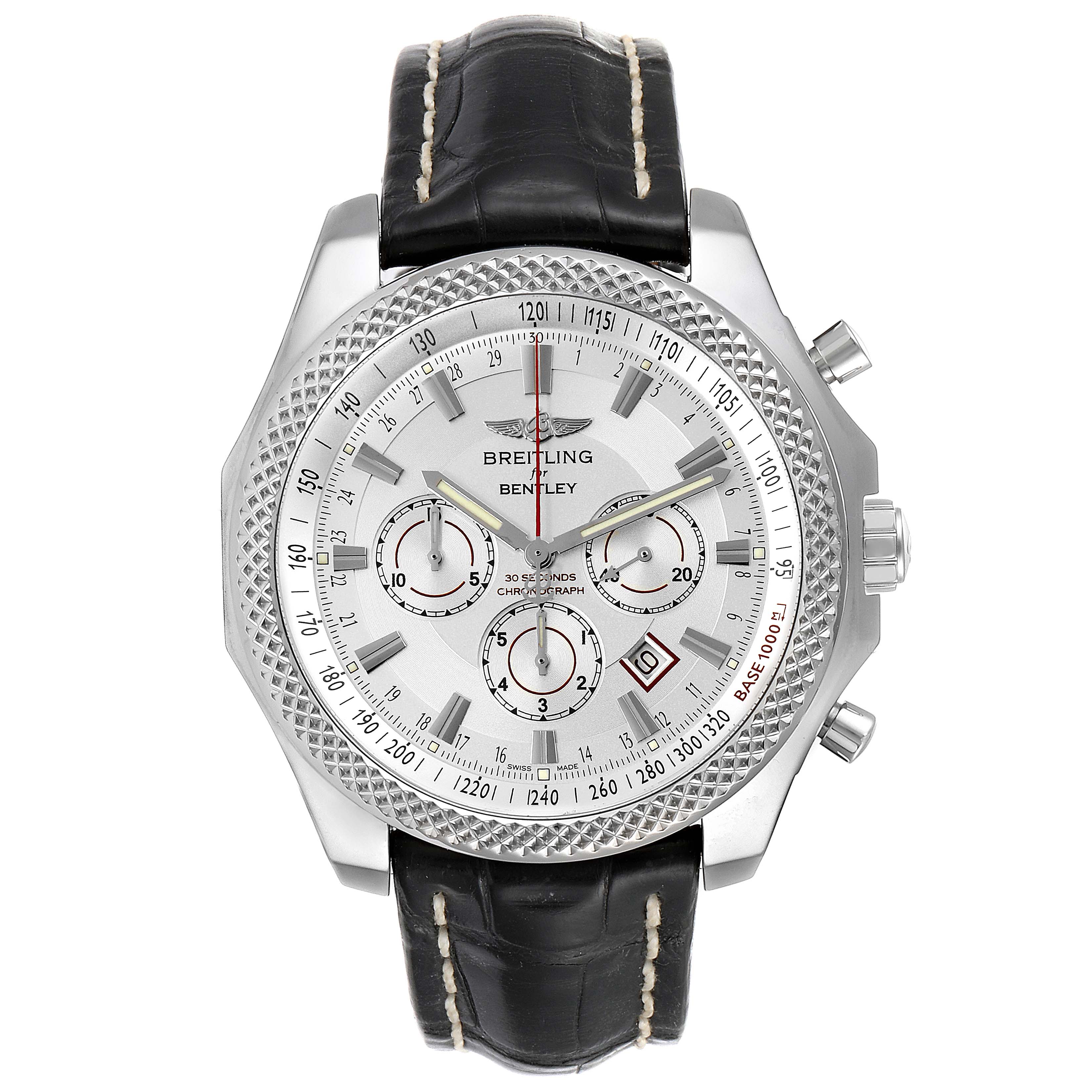 This is a front view of the Breitling Bentley A2536821 Men
s Stainless Steel White Dial A2536821 Men
s Stainless Steel White Dial watch showing the face, chronograph sub-dials, and leather strap.