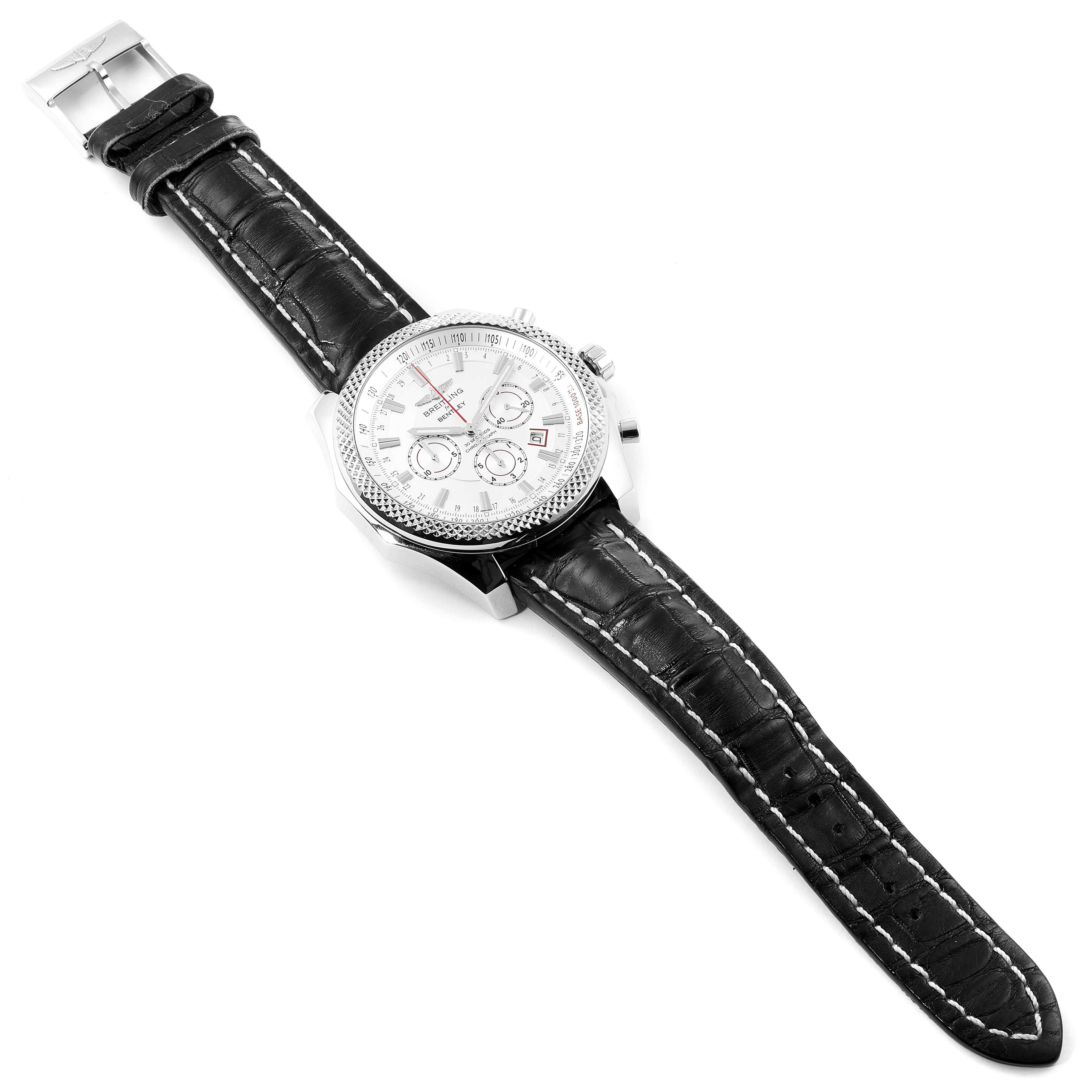 The image shows a Breitling Bentley A2536821 Men
s Stainless Steel White Dial A2536821 Men
s Stainless Steel White Dial model watch with a black leather strap, seen from a slightly tilted top view.