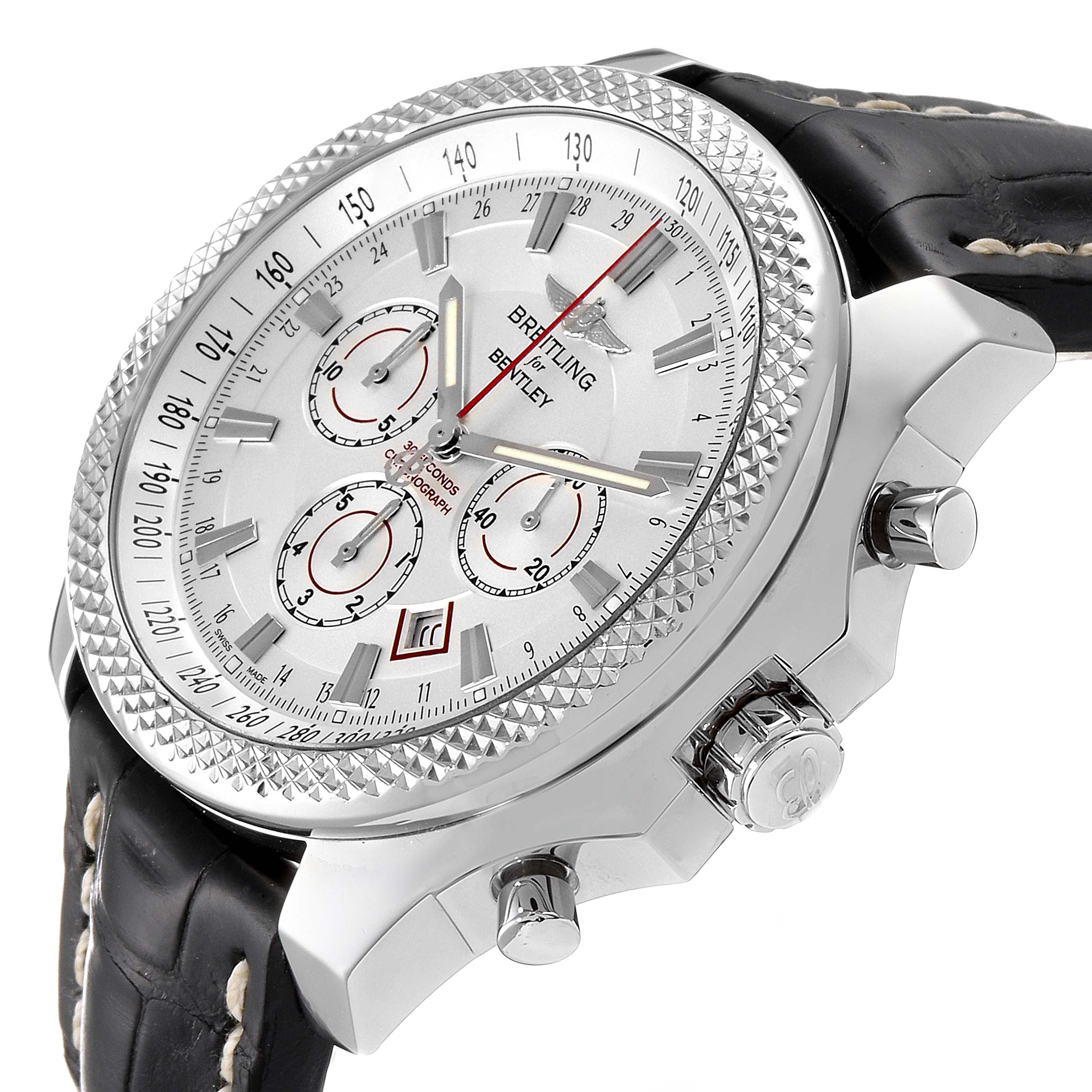 The image shows a close-up angle of the Breitling Bentley A2536821 Men
s Stainless Steel White Dial A2536821 Men
s Stainless Steel White Dial watch, featuring its face, bezel, and leather strap.