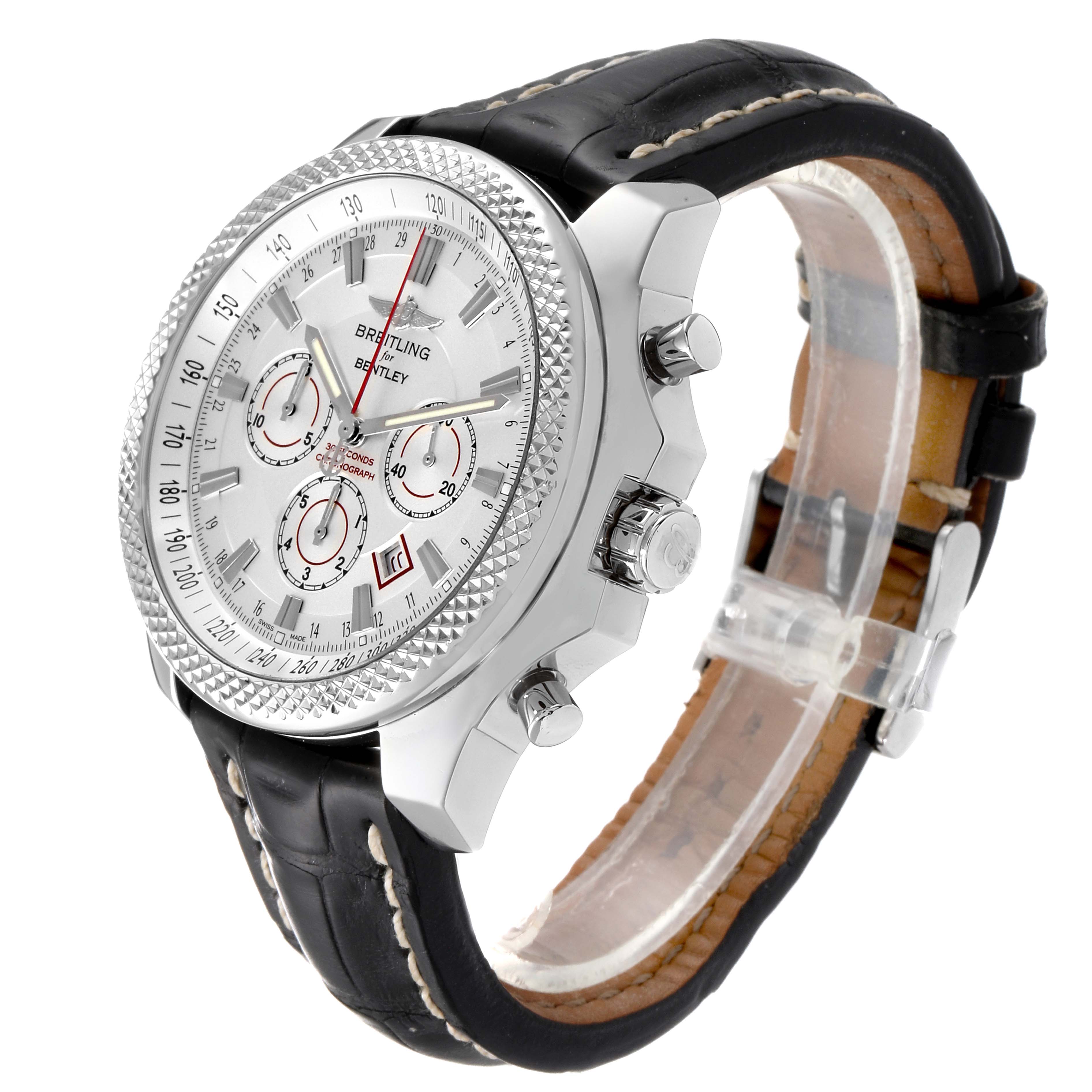 The Bentley model by Breitling is shown at a three-quarter angle, displaying its silver dial, black leather strap, and side buttons.