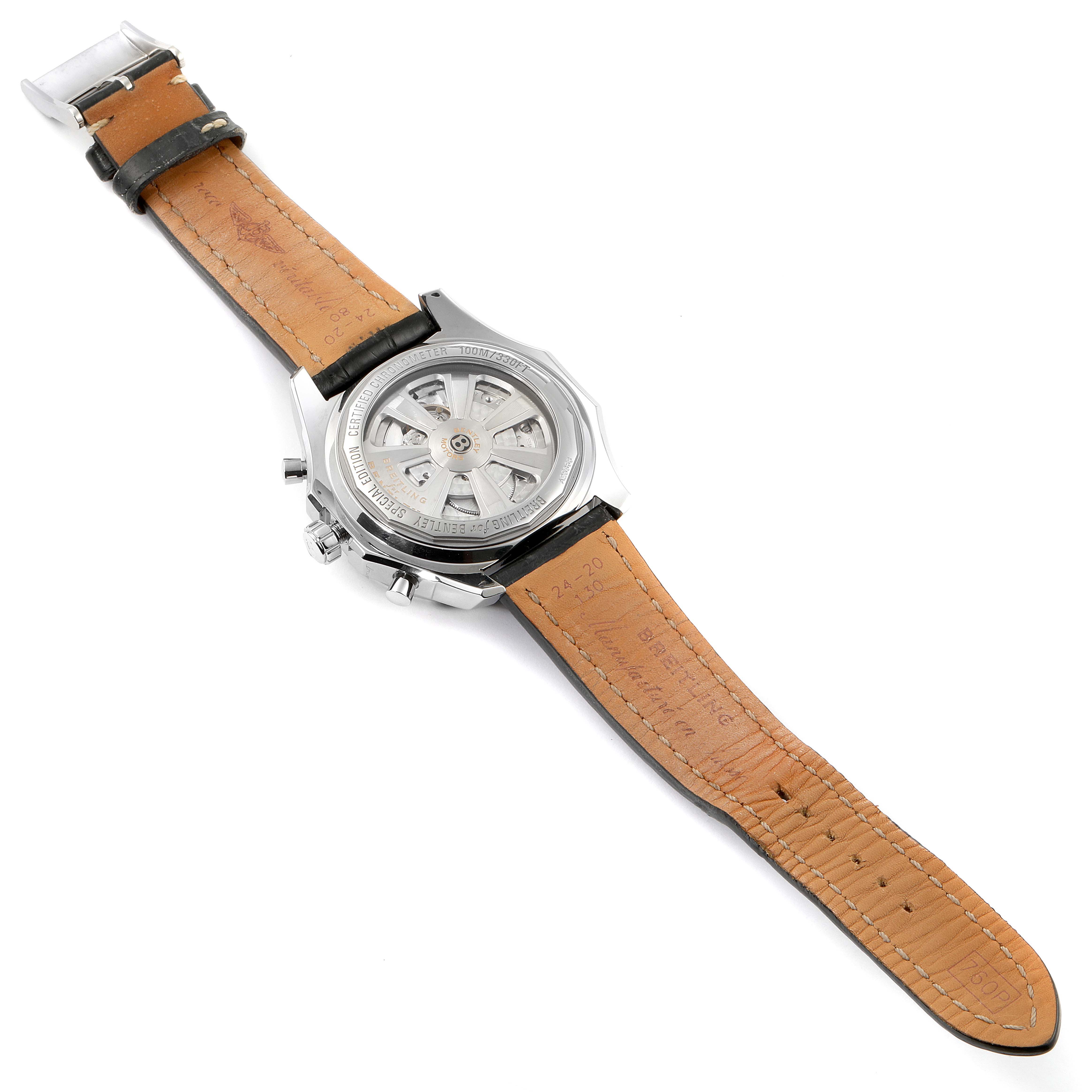 The image shows the back view of a Breitling Bentley A2536821 Men
s Stainless Steel White Dial A2536821 Men
s Stainless Steel White Dial watch, highlighting the leather strap and the watch
s case back.