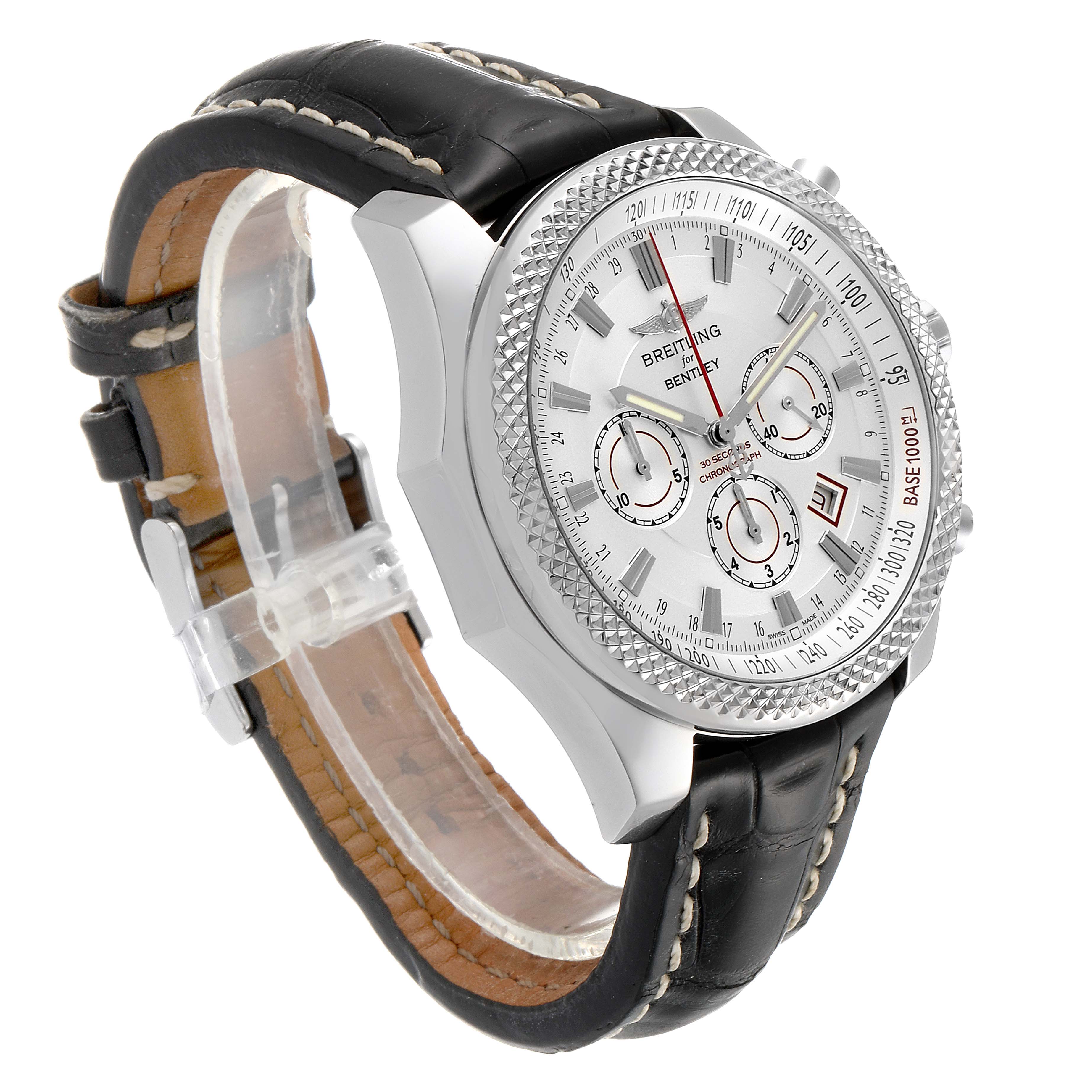 The image shows a side angle of the Breitling Bentley A2536821 Men
s Stainless Steel White Dial A2536821 Men
s Stainless Steel White Dial watch, highlighting the watch face, bezel, subdials, and leather strap.