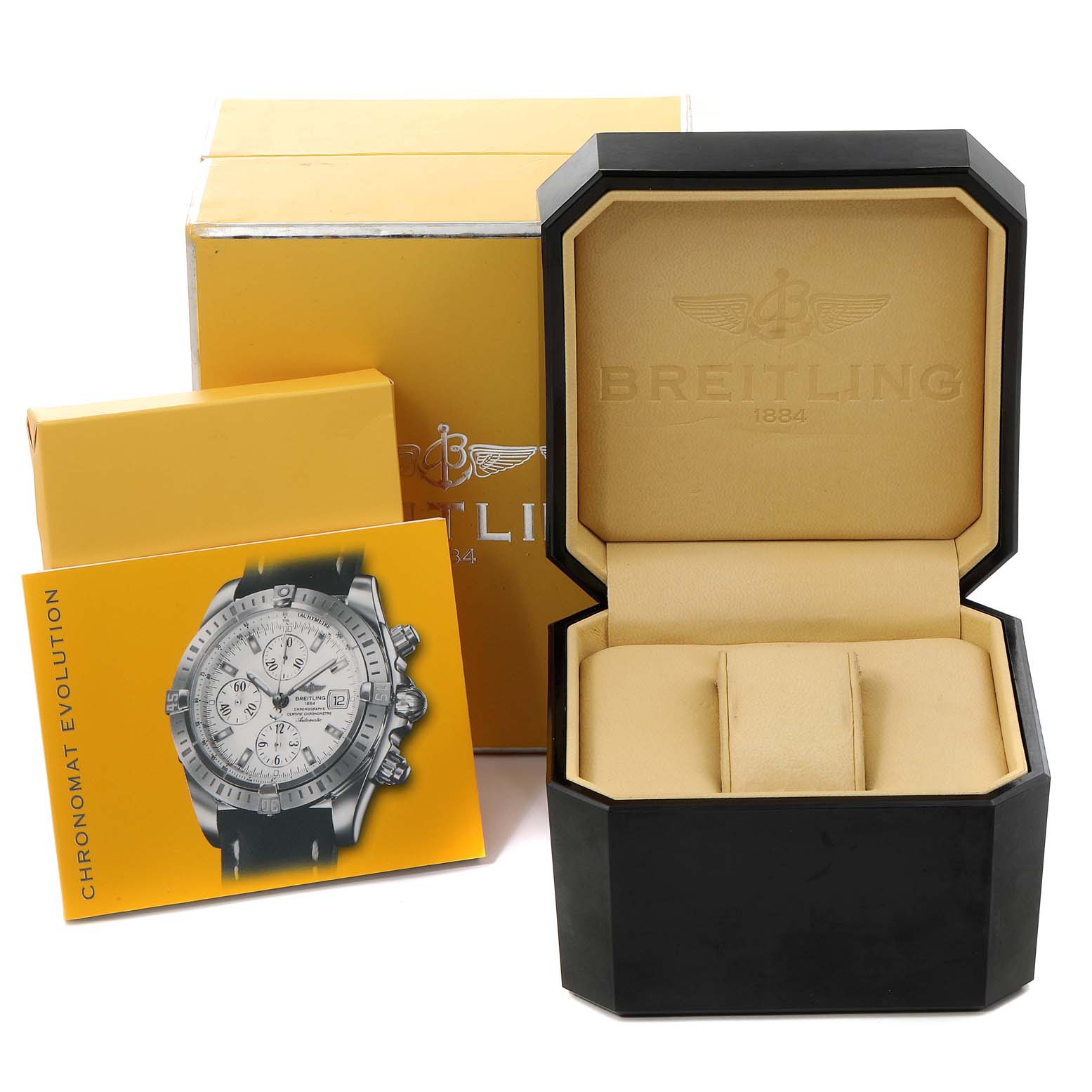 The image shows a Breitling Chronomat A13356 Men
s Stainless Steel Blue Dial A13356 Men
s Stainless Steel Blue Dial watch box, booklet, and outer packaging from a frontal angle.