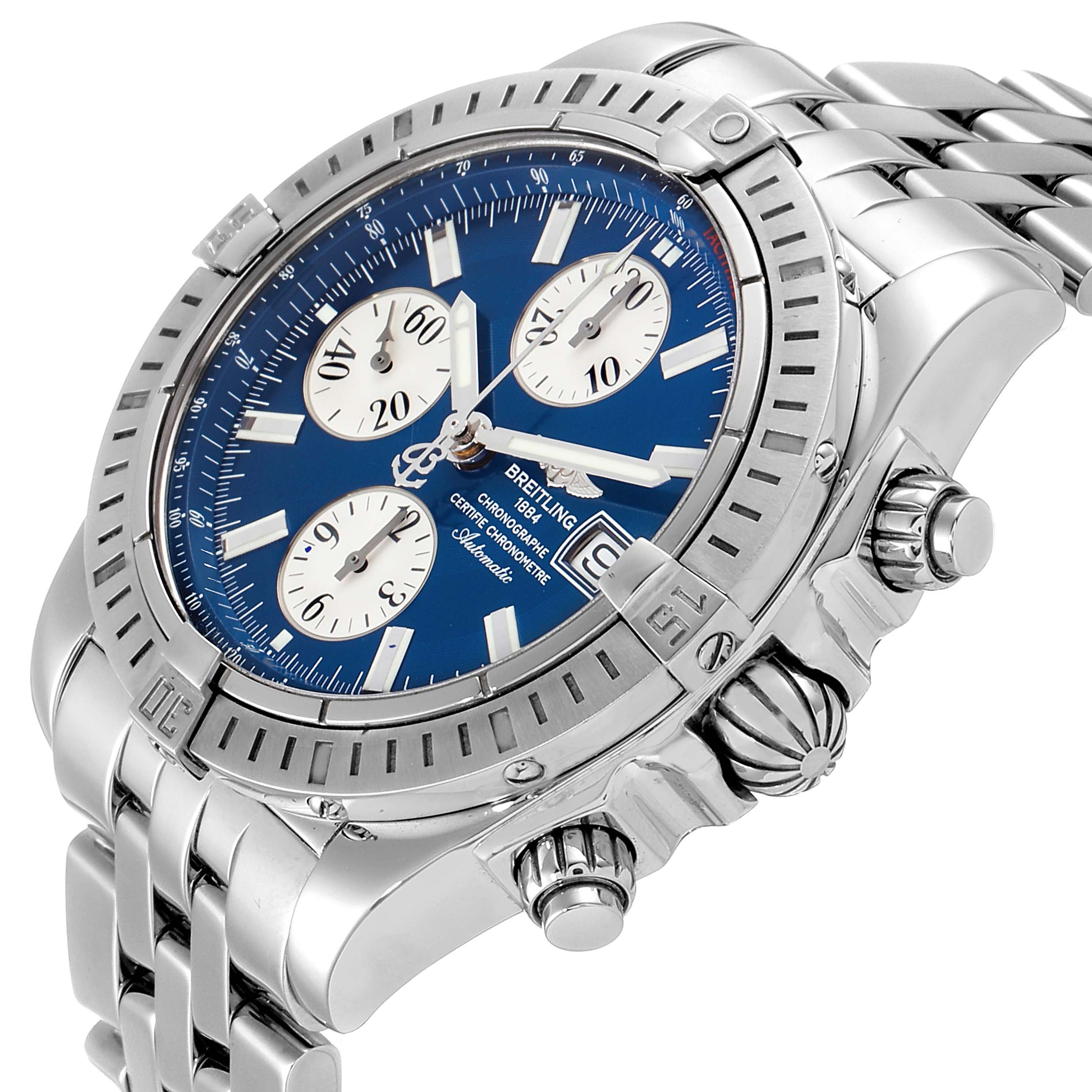 The image shows a side-angle view of the Breitling Chronomat A13356 Men
s Stainless Steel Blue Dial A13356 Men
s Stainless Steel Blue Dial, highlighting the dial, bezel, pushers, and part of the bracelet.