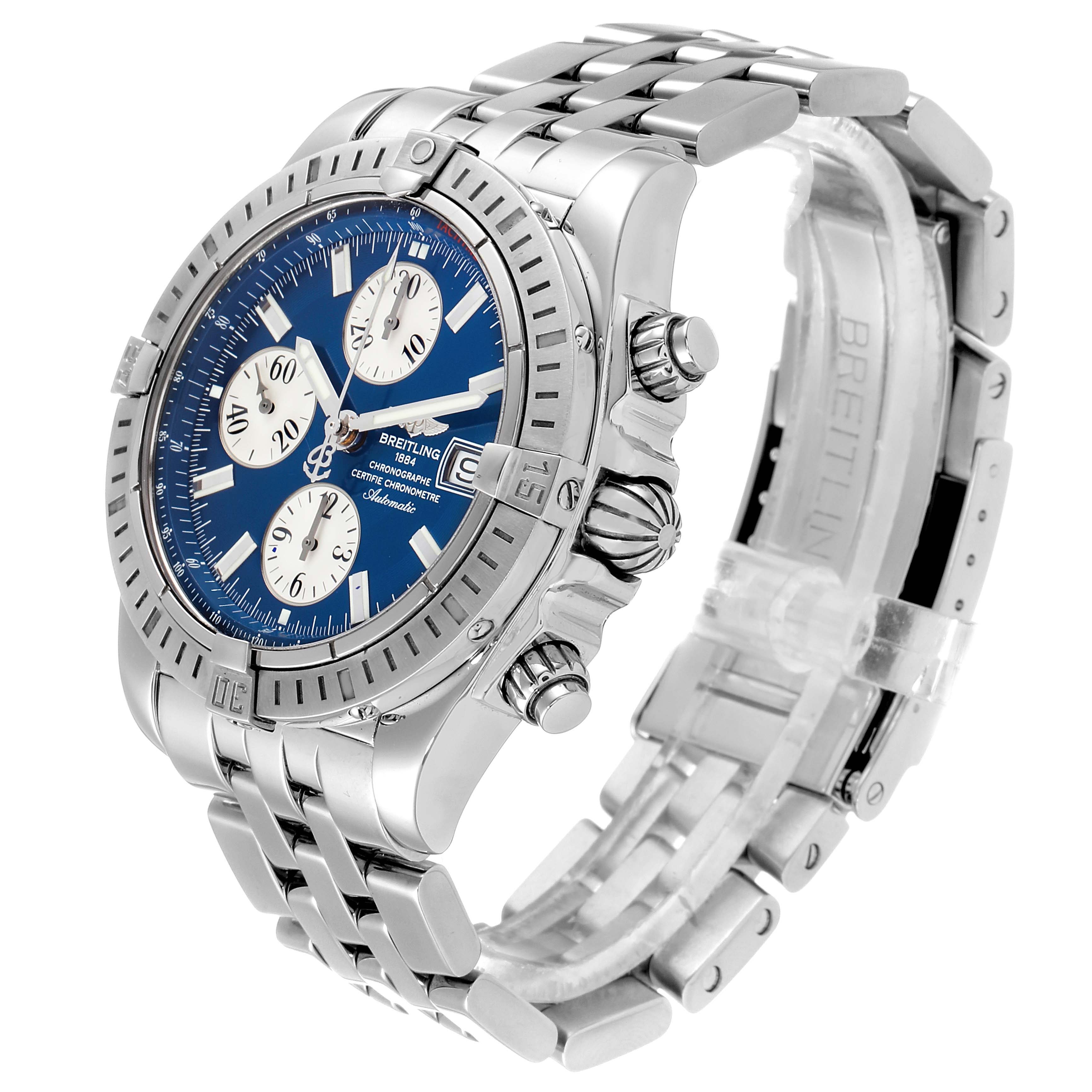 The Breitling Chronomat A13356 Men
s Stainless Steel Blue Dial A13356 Men
s Stainless Steel Blue Dial watch is shown at a three-quarter angle, featuring the face, bezel, crown, pushers, and bracelet.