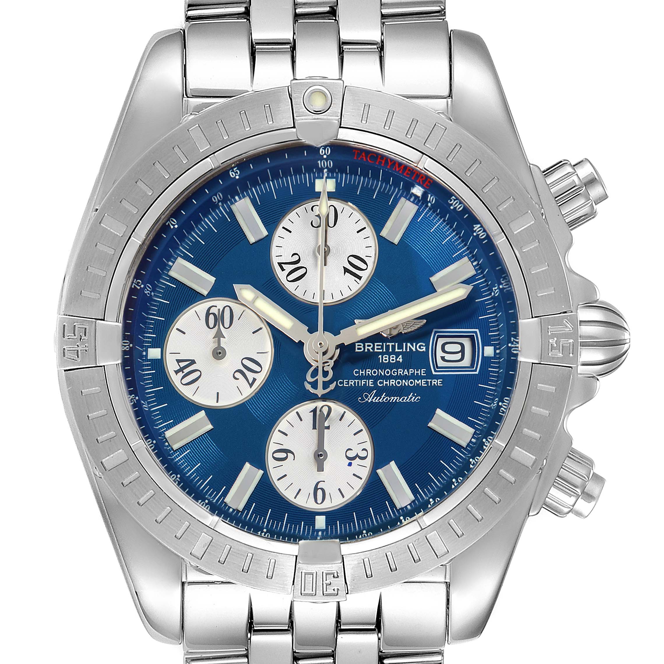 The image shows a frontal view of a Breitling Chronomat A13356 Men
s Stainless Steel Blue Dial A13356 Men
s Stainless Steel Blue Dial watch, highlighting its blue dial, tachymeter bezel, and three sub-dials.