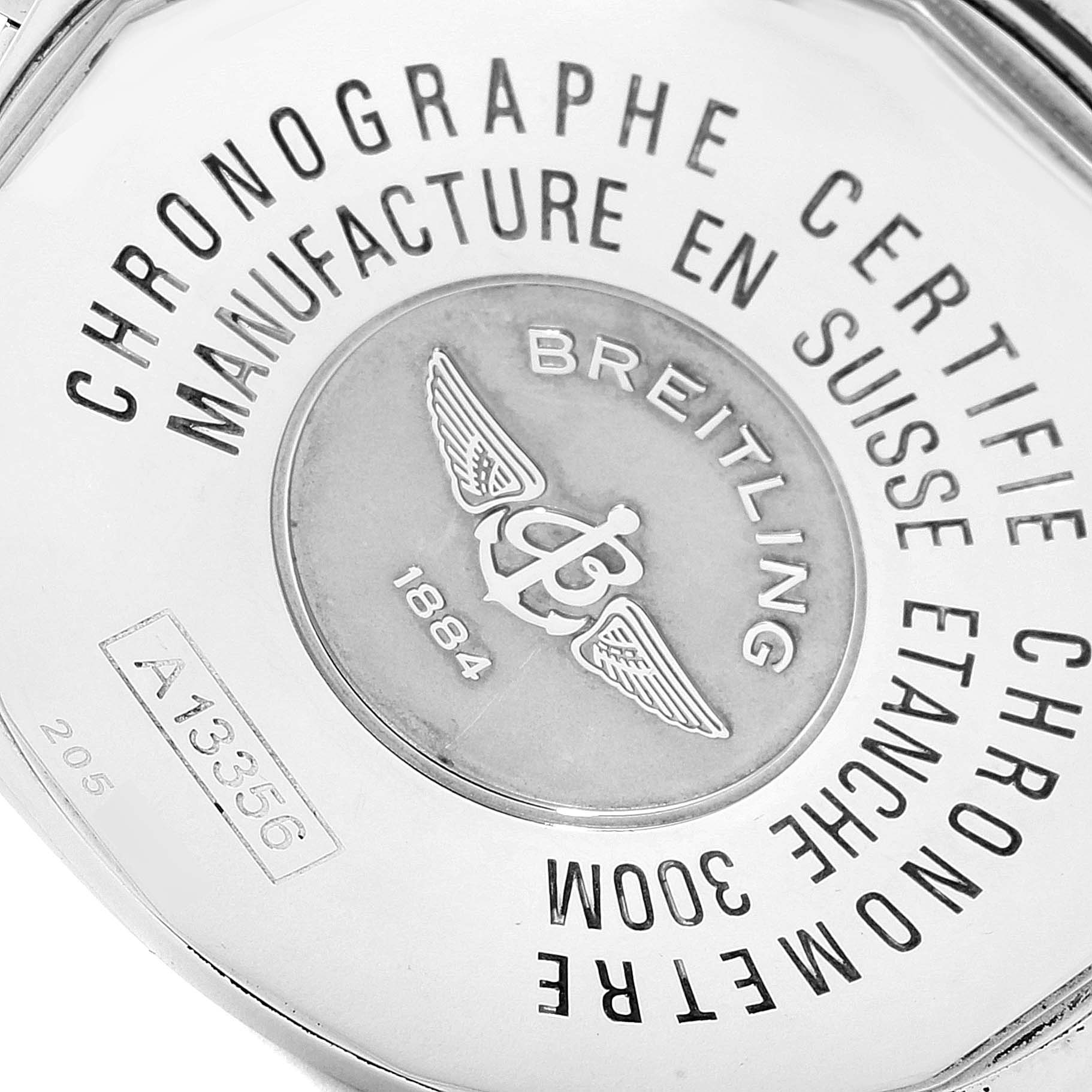 This image shows the engraved case back of a Breitling Chronomat A13356 Men
s Stainless Steel Blue Dial A13356 Men
s Stainless Steel Blue Dial watch, displaying its branding and specifications.