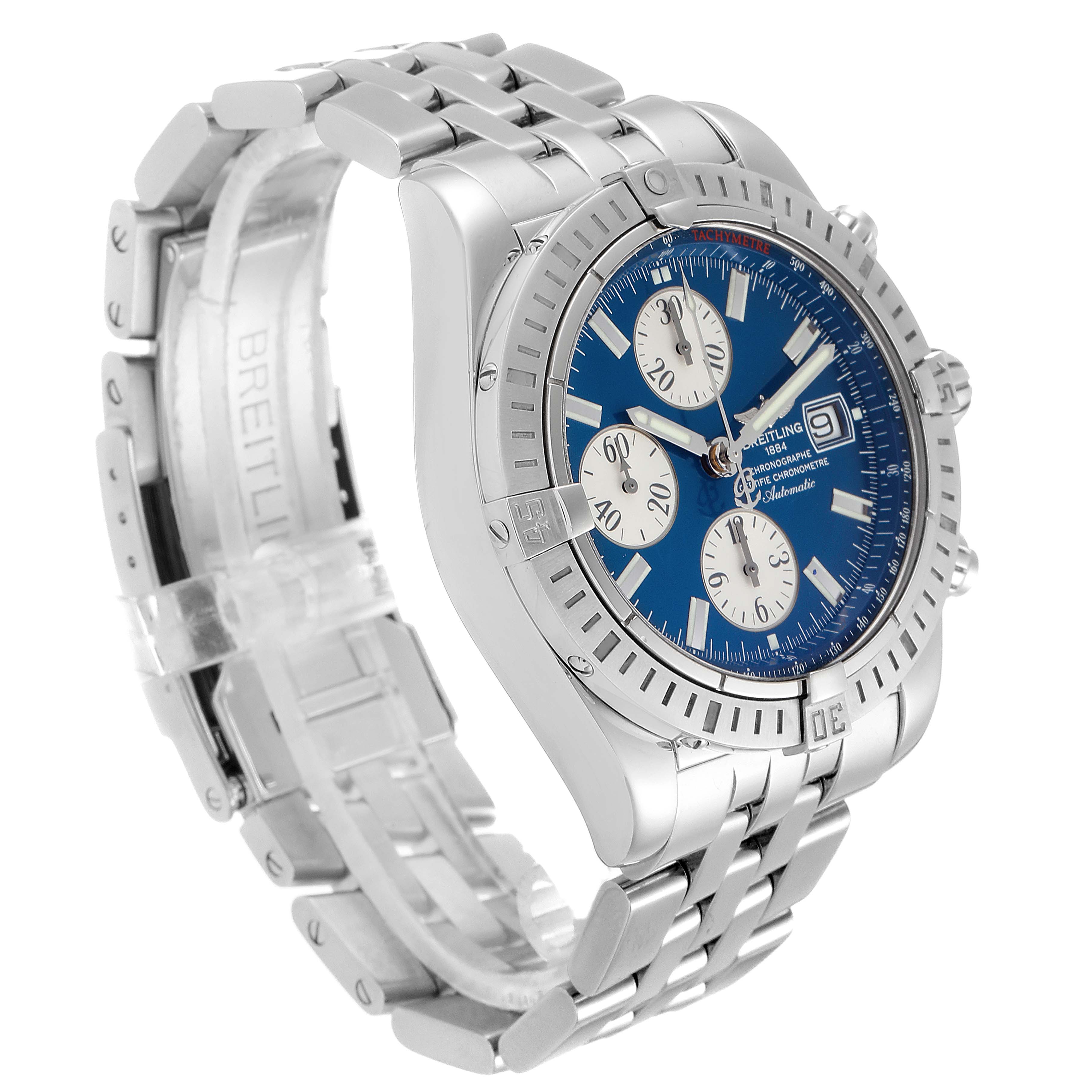 The Breitling Chronomat A13356 Men
s Stainless Steel Blue Dial A13356 Men
s Stainless Steel Blue Dial watch is shown at a slight angle, showcasing the face, bezel, and metal strap.