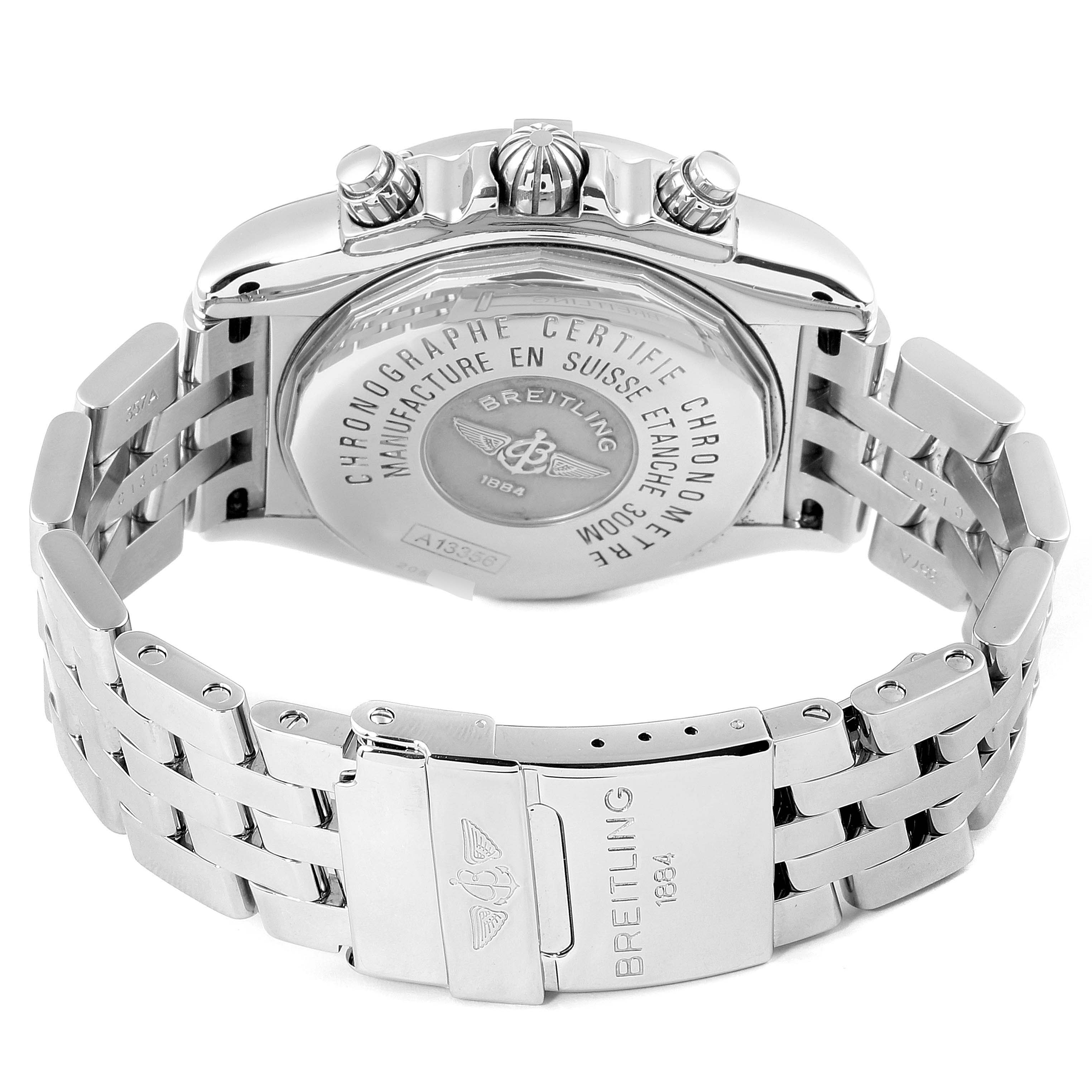 The image shows the backside and bracelet of a Breitling Chronomat A13356 Men
s Stainless Steel Blue Dial A13356 Men
s Stainless Steel Blue Dial watch, highlighting its case back and clasp.