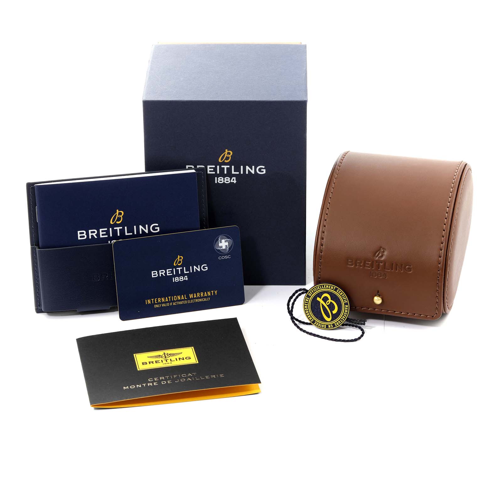 The image shows accessories for the Breitling A10380591L1A1 Women's Stainless Steel Green Dial A10380591L1A1 Women's Stainless Steel Green Dial Chronomat Green Dial Steel Diamond Ladies Watch A10380, including its box, card, and case.