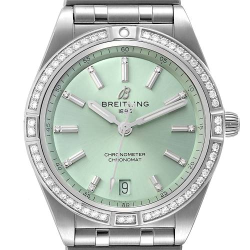 Photo of Breitling Chronomat Green Dial Steel Diamond Ladies Watch A10380 Box Card