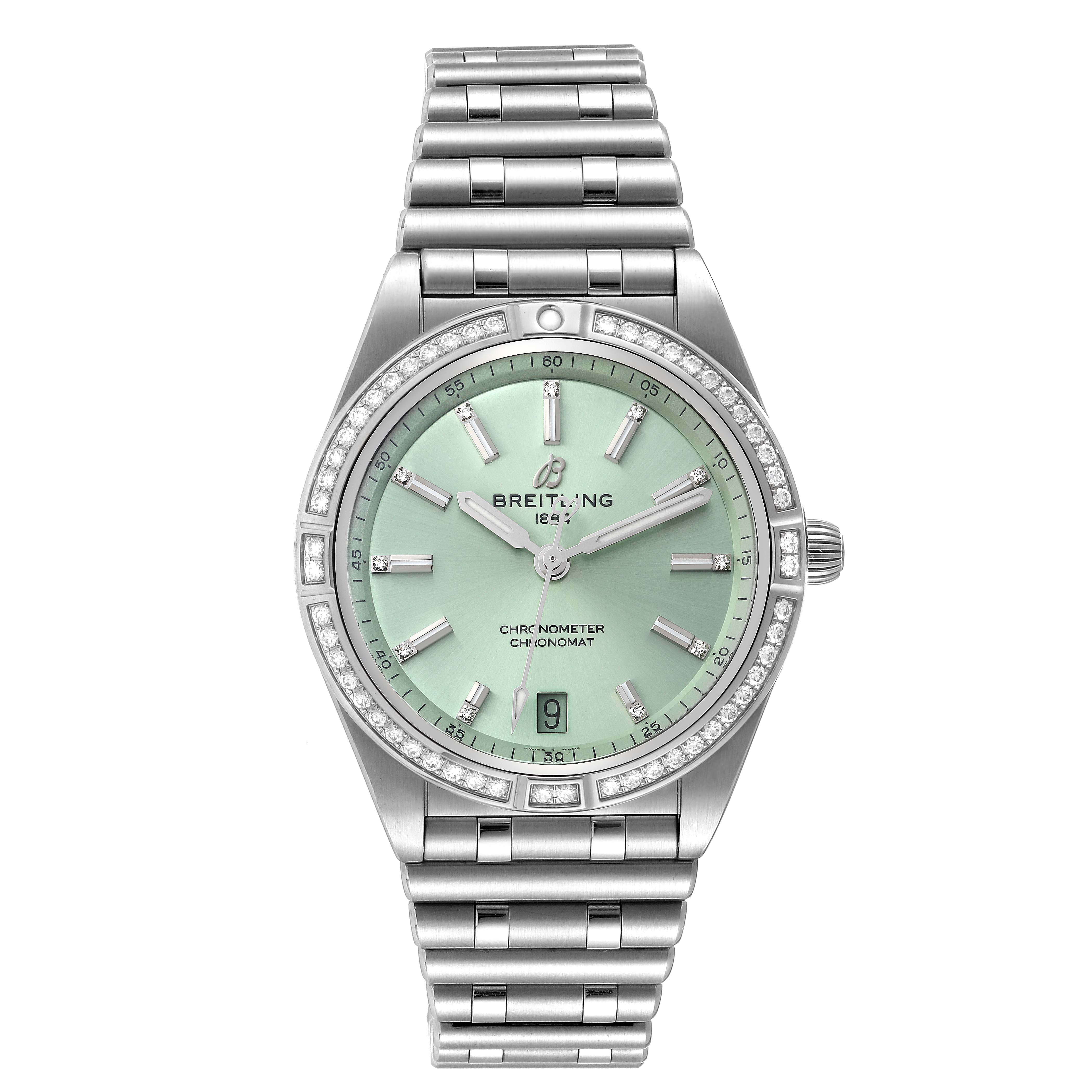 The image shows a front view of the Breitling A10380591L1A1 Women's Stainless Steel Green Dial A10380591L1A1 Women's Stainless Steel Green Dial Chronomat Green Dial Steel Diamond Ladies Watch A10380, highlighting the dial, bezel, and bracelet.