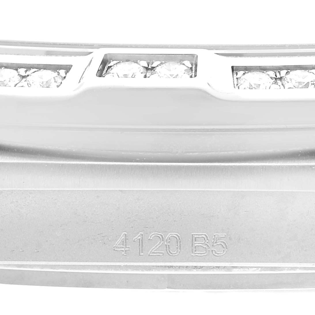 The image shows a close-up view of the band and clasp with diamond details and an engraving on the Breitling A10380591L1A1 Women's Stainless Steel Green Dial A10380591L1A1 Women's Stainless Steel Green Dial Chronomat Green Dial Steel Diamond Ladies Watch A10380.