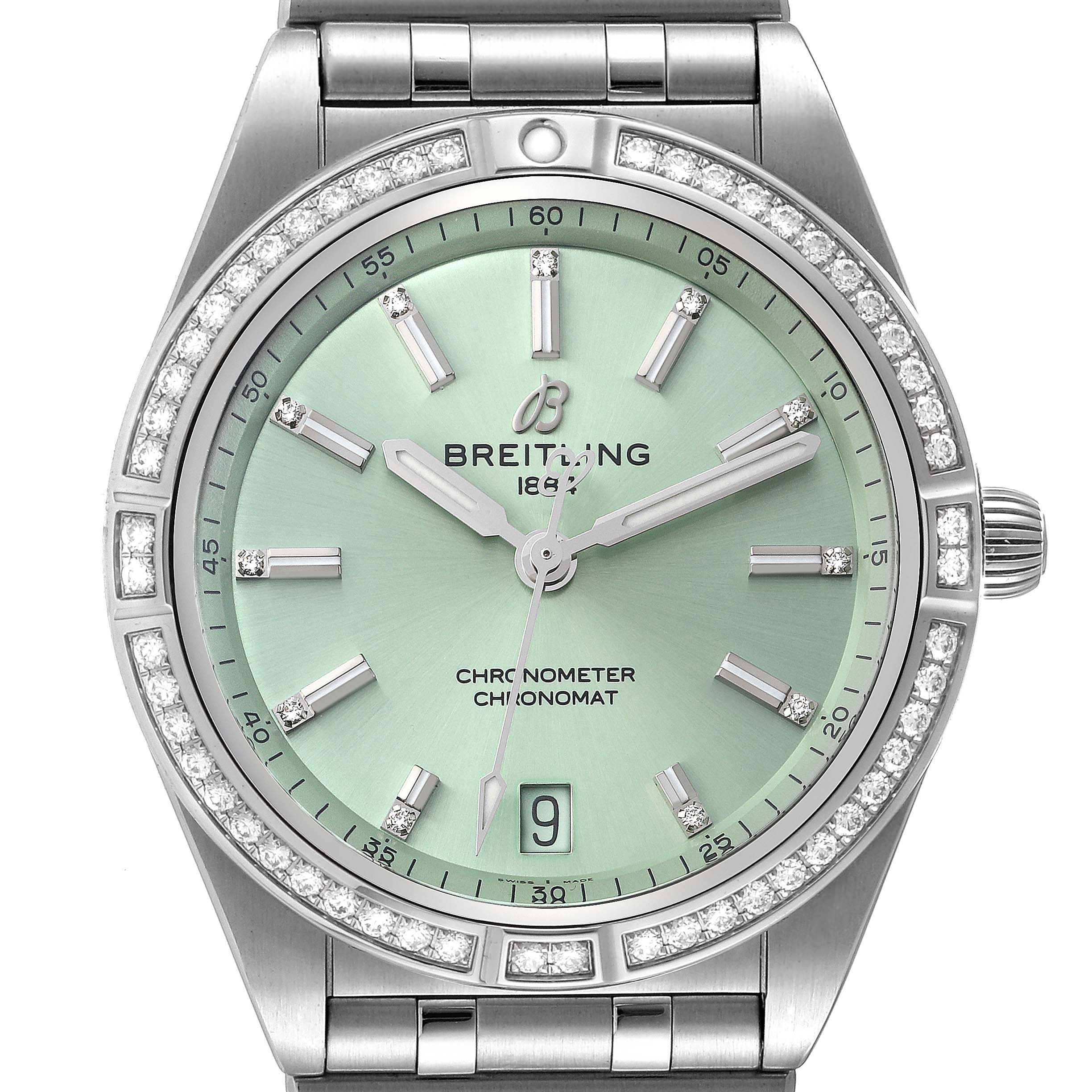 The image shows a front view of the dial and bezel of the Breitling A10380591L1A1 Women's Stainless Steel Green Dial A10380591L1A1 Women's Stainless Steel Green Dial Chronomat Green Dial Steel Diamond Ladies Watch A10380.