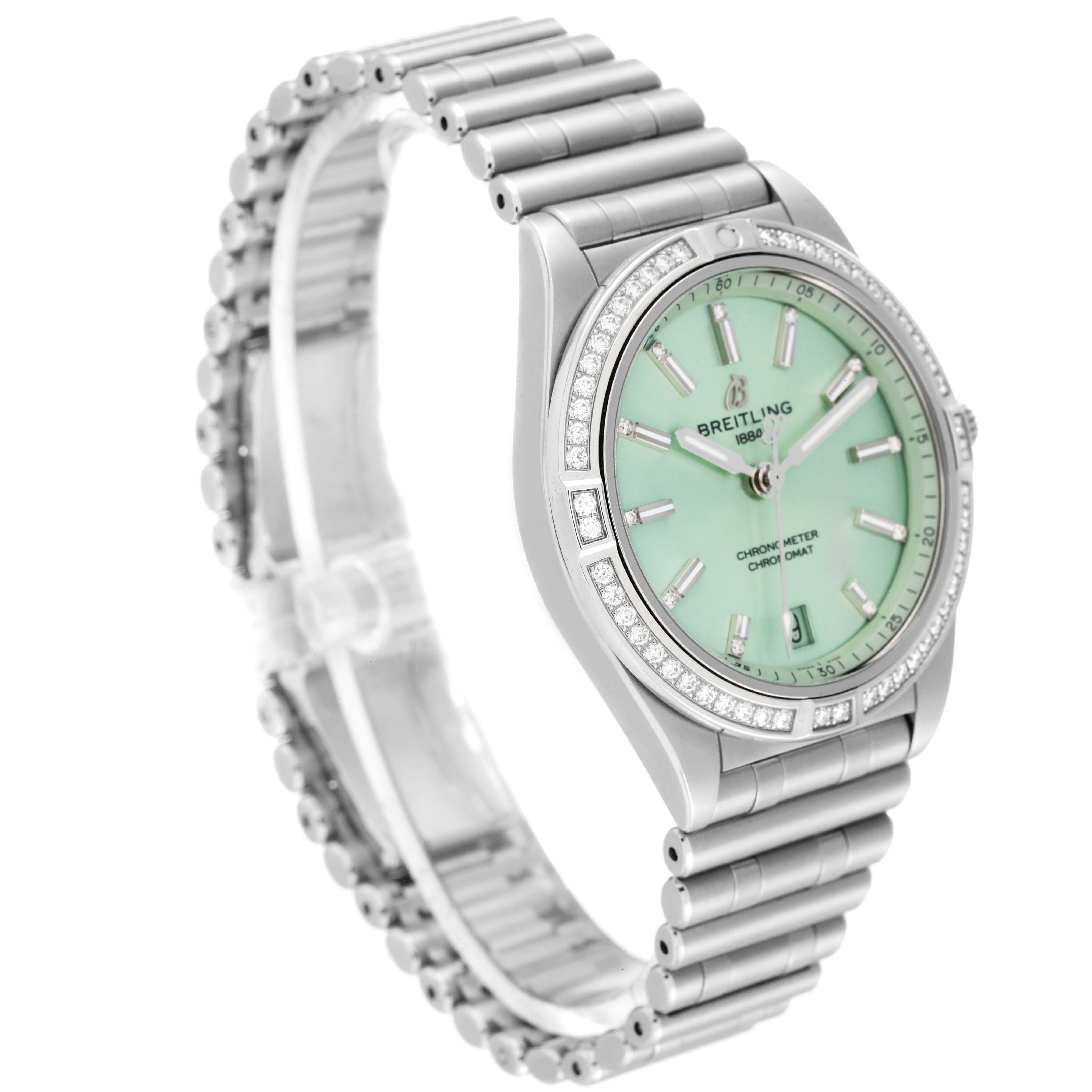 The image shows a Breitling A10380591L1A1 Women's Stainless Steel Green Dial A10380591L1A1 Women's Stainless Steel Green Dial Chronomat Green Dial Steel Diamond Ladies Watch A10380 at a side-angle, highlighting the dial and bracelet.