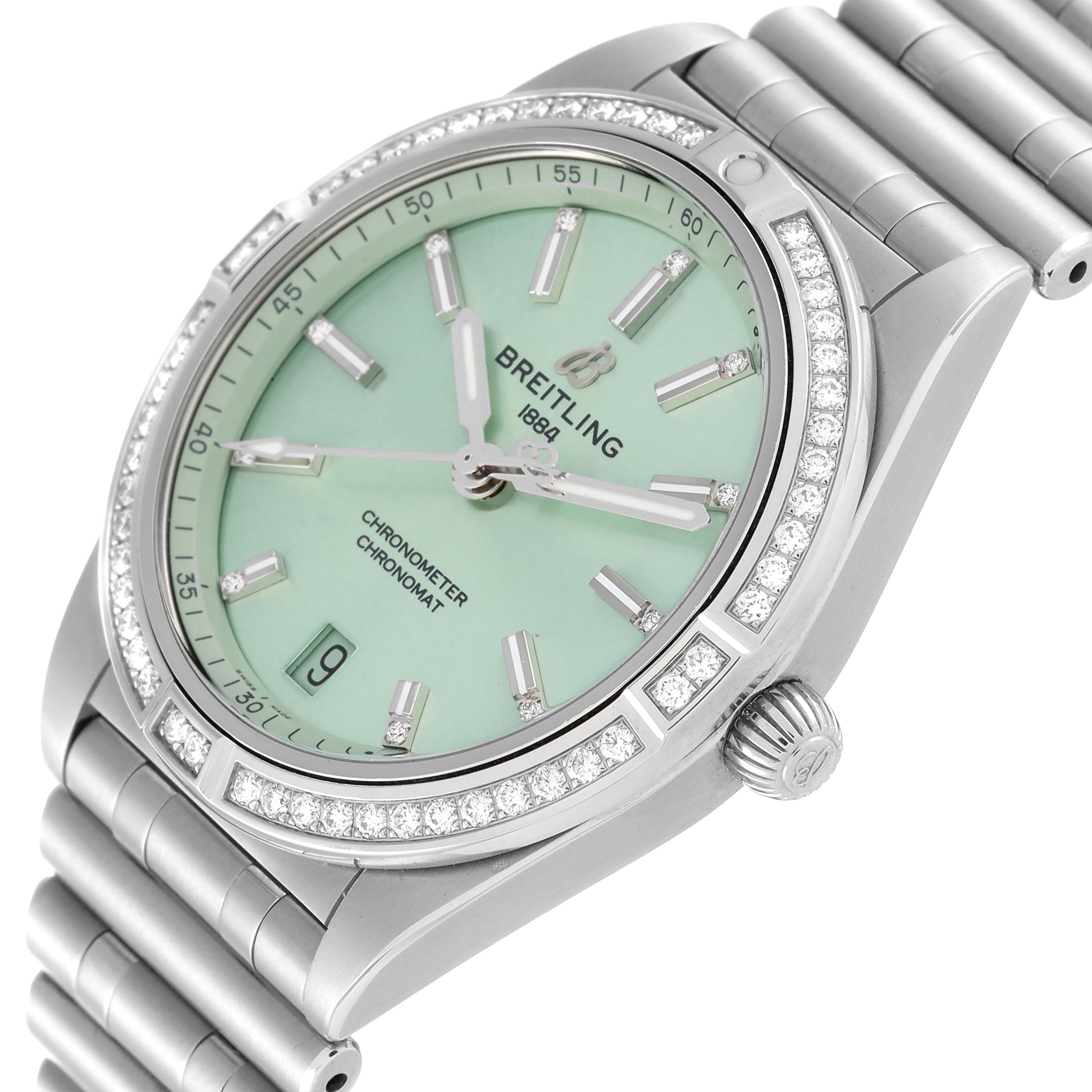 The image shows a close-up angle of the Breitling A10380591L1A1 Women's Stainless Steel Green Dial A10380591L1A1 Women's Stainless Steel Green Dial Chronomat Green Dial Steel Diamond Ladies Watch A10380, highlighting the dial, bezel, and crown.