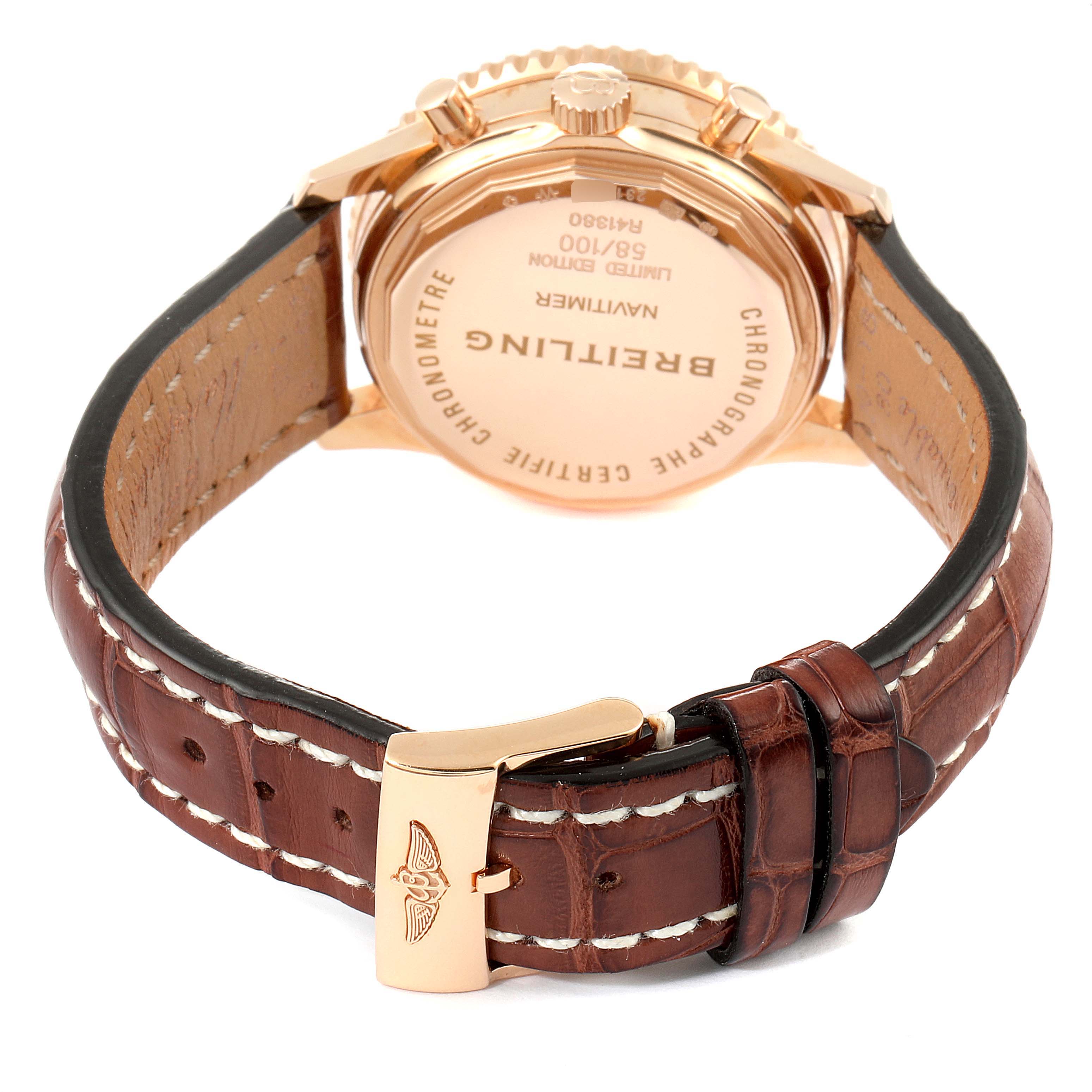 The image shows the back of a Breitling Navitimer R41380 Men
s Rose Gold Silver Dial R41380 Men
s Rose Gold Silver Dial watch, highlighting the case back and leather strap with a clasp.