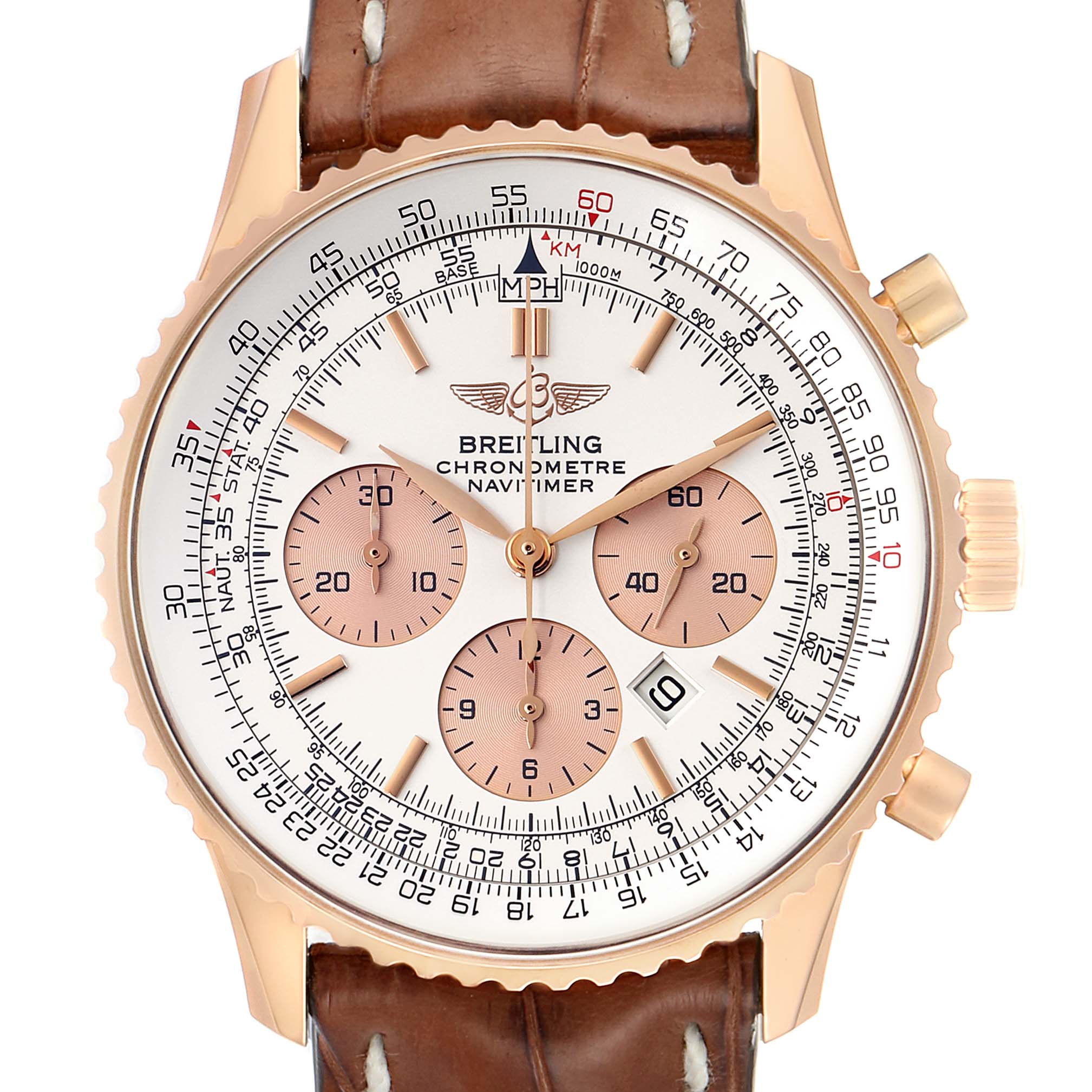 This image shows a frontal view of a Breitling Navitimer R41380 Men
s Rose Gold Silver Dial R41380 Men
s Rose Gold Silver Dial watch, highlighting its dial, sub-dials, and brown leather strap.