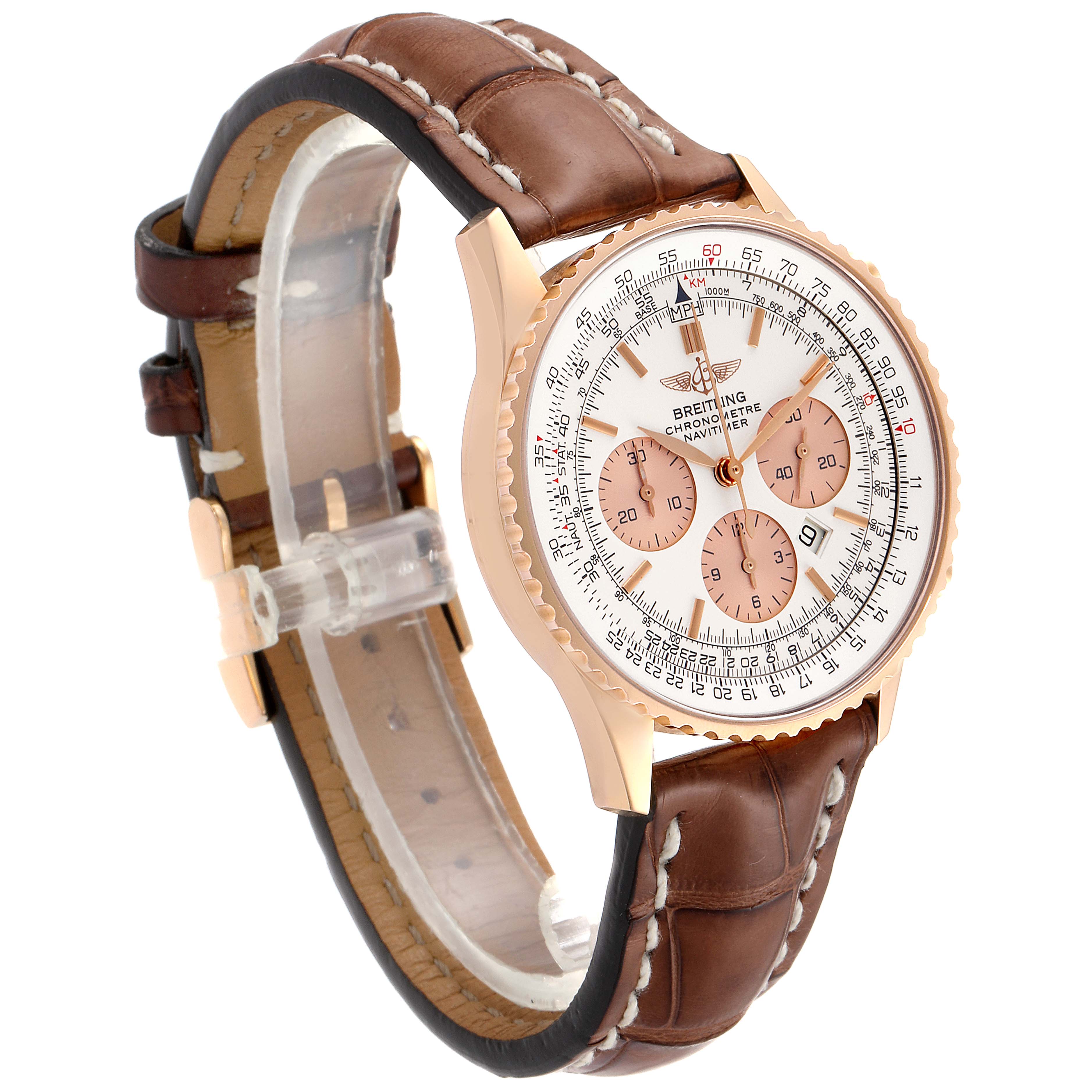 This Breitling Navitimer R41380 Men
s Rose Gold Silver Dial R41380 Men
s Rose Gold Silver Dial watch is shown at a three-quarter angle, displaying its face, case, and brown leather strap.